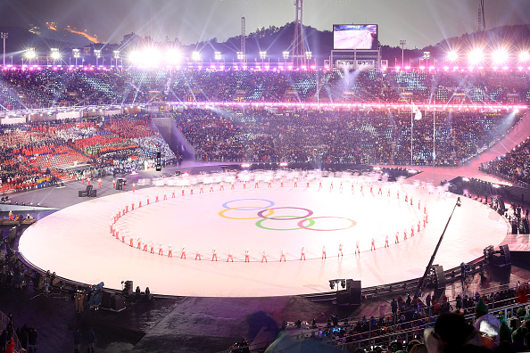 The Olympic Rings are seen during the opening ceremony of the Pyeongchang 2018 Winter Olympic Games at the Pyeongchang Stadium on February 9, 2018.