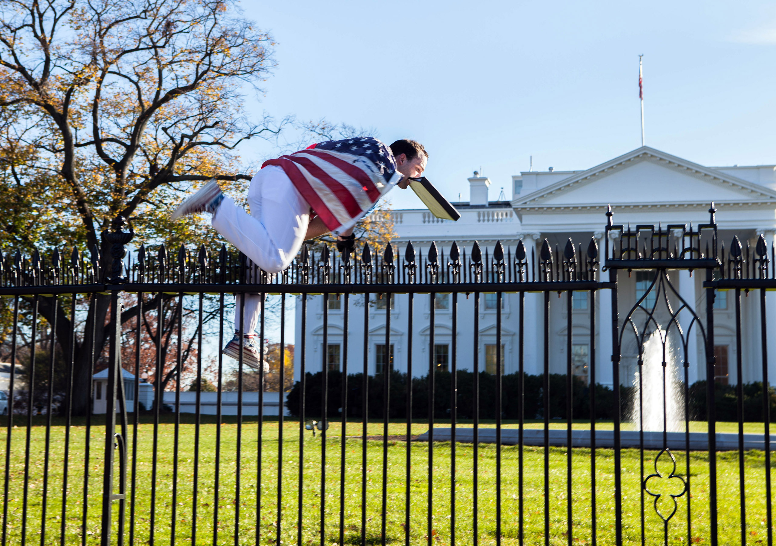 In this photo provided by Vanessa Pena, a man jumps a fence at the White House on Thursday, Nov. 26, 2015, in Washington. The man was immediately apprehended and taken into custody pending criminal charges, the Secret Service said. President Barack Obama