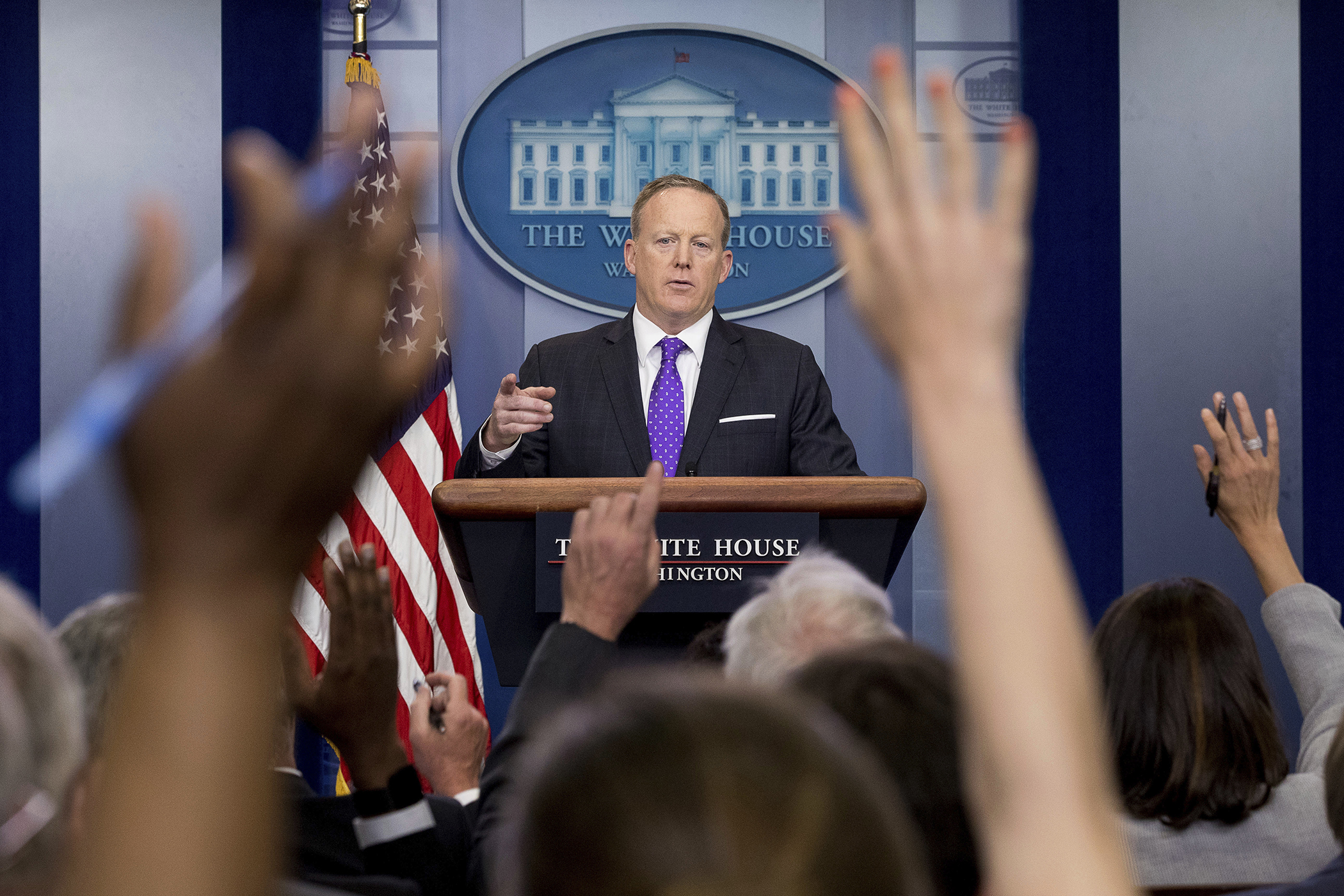 White House press secretary Sean Spicer calls on a member of the media during the daily press briefing at the White House in Washington, Thursday, April 27, 2017. Spicer discussed former National Security Adviser Michael Flynn, Trump's tax overhaul plan 