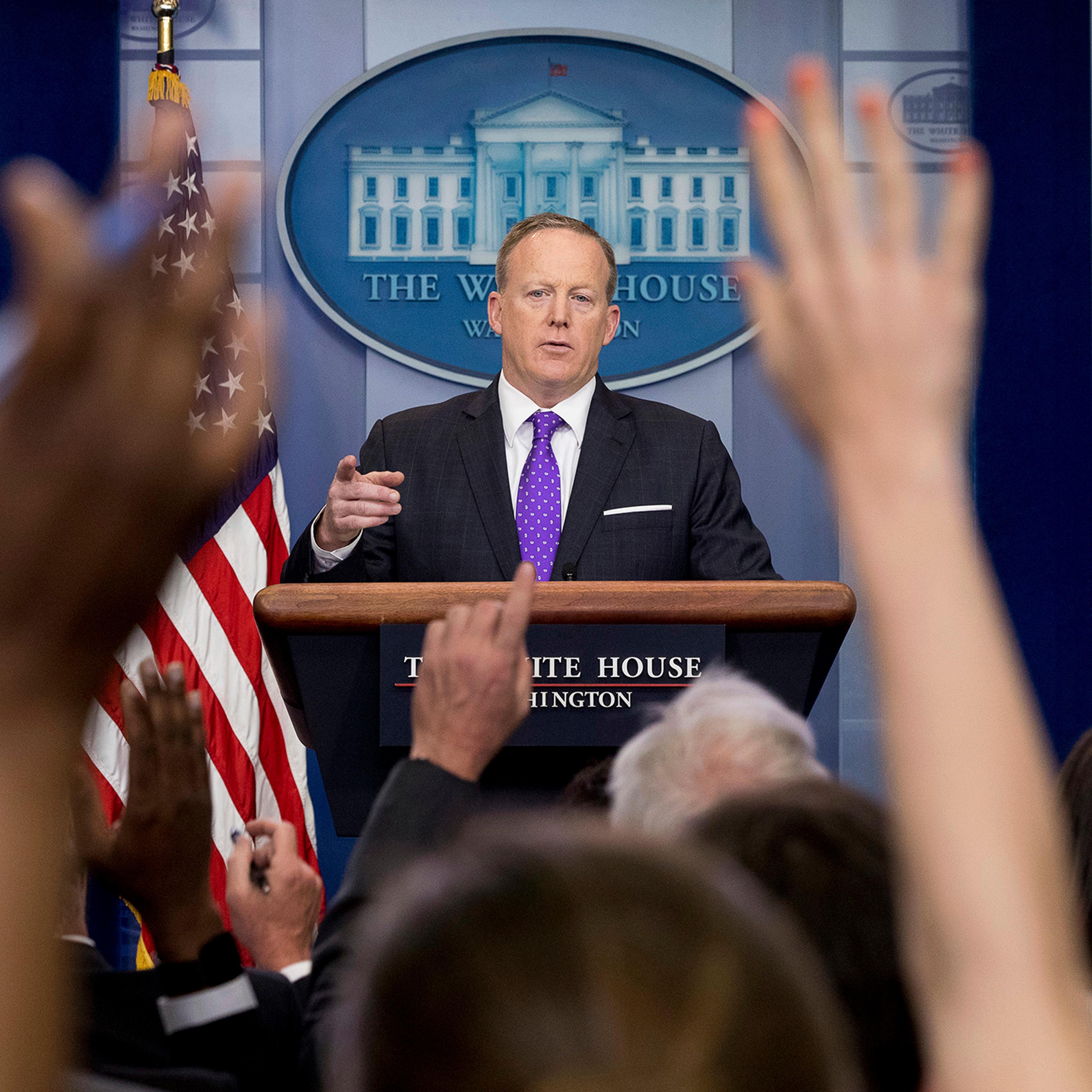 White House press secretary Sean Spicer calls on a member of the media during the daily press briefing at the White House in Washington, Thursday, April 27, 2017. Spicer discussed former National Security Adviser Michael Flynn, Trump's tax overhaul plan