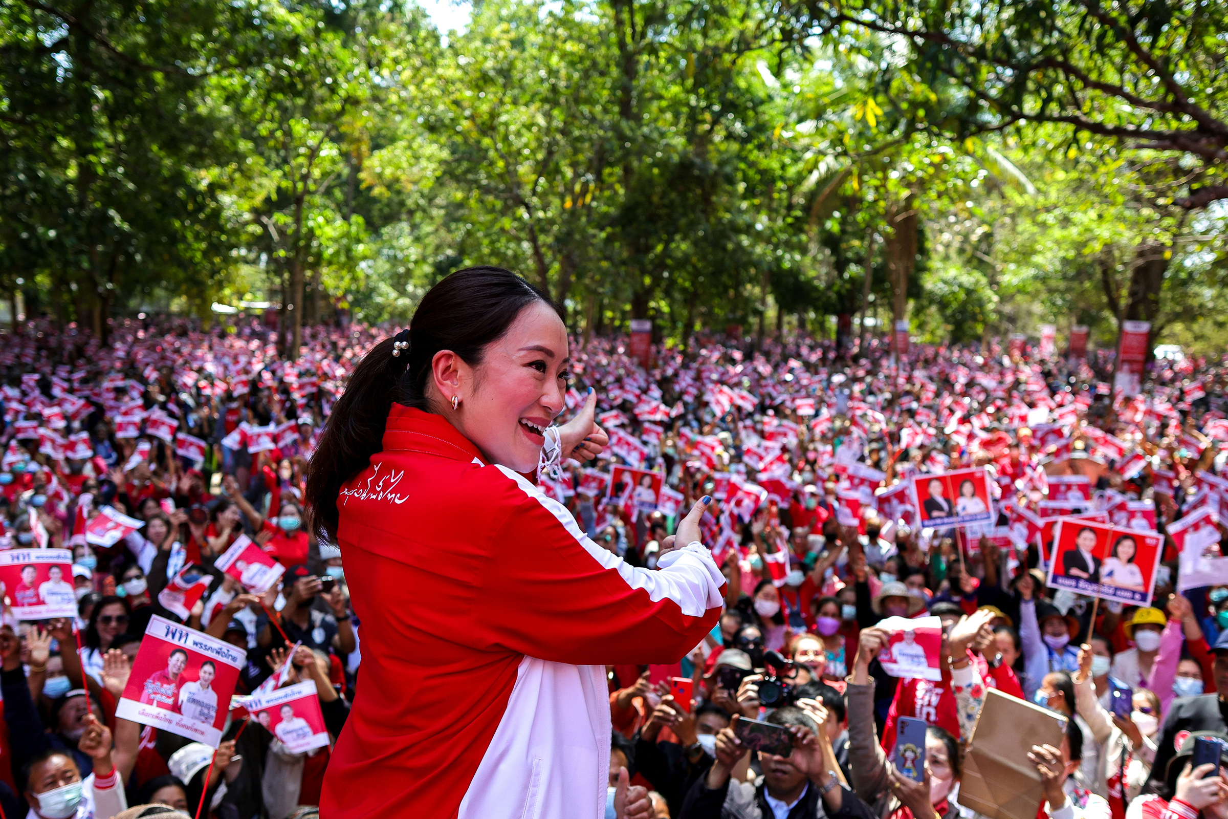 Paetongtarn Shinawatra, 36, the Pheu Thai Party's most visible candidate for prime minister, greets supporters during the general election campaign at a temple in Ubon Ratchathani province, Thailand, on Feb. 17.