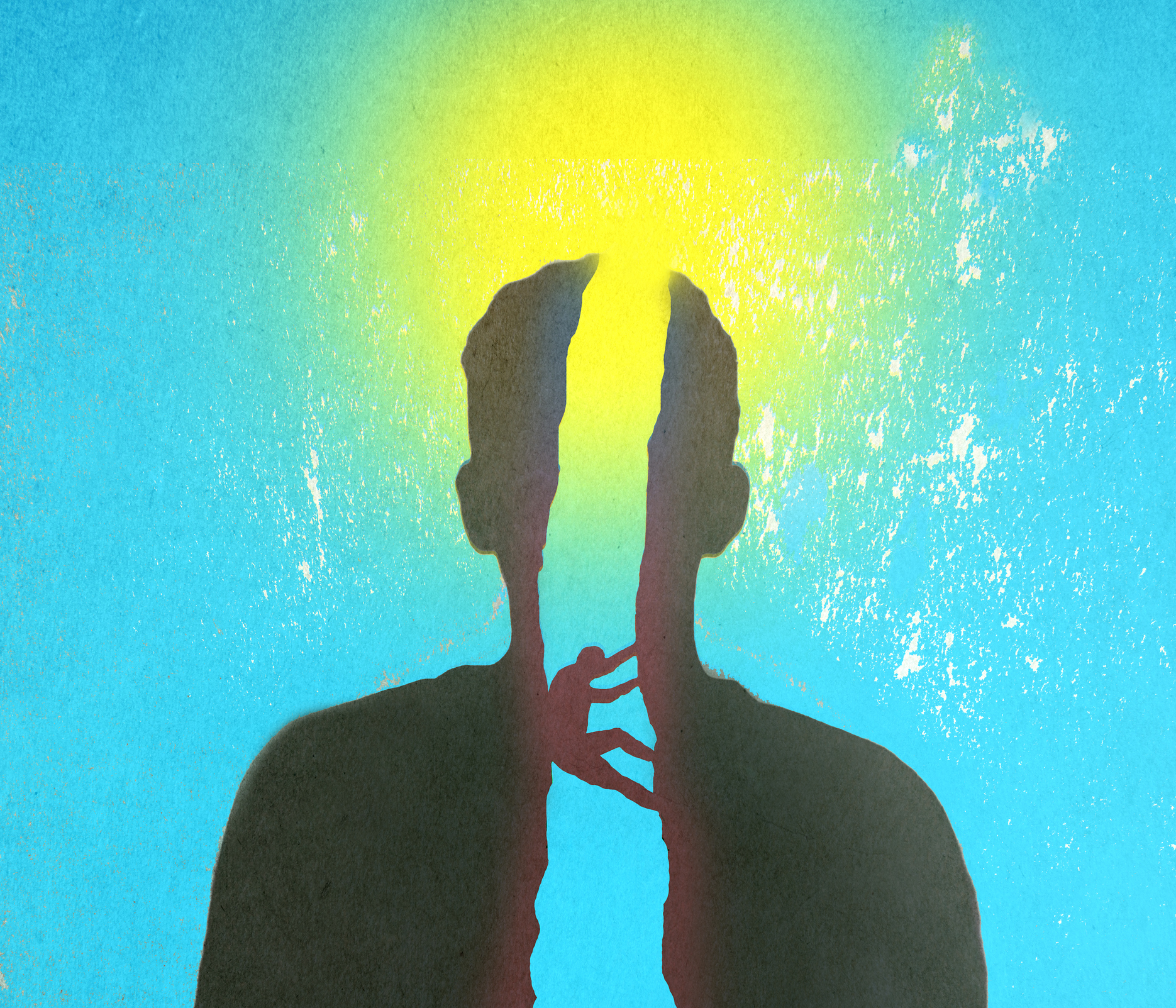 Illustration of man climbing out human shaped ravine symbolizing mental recovery