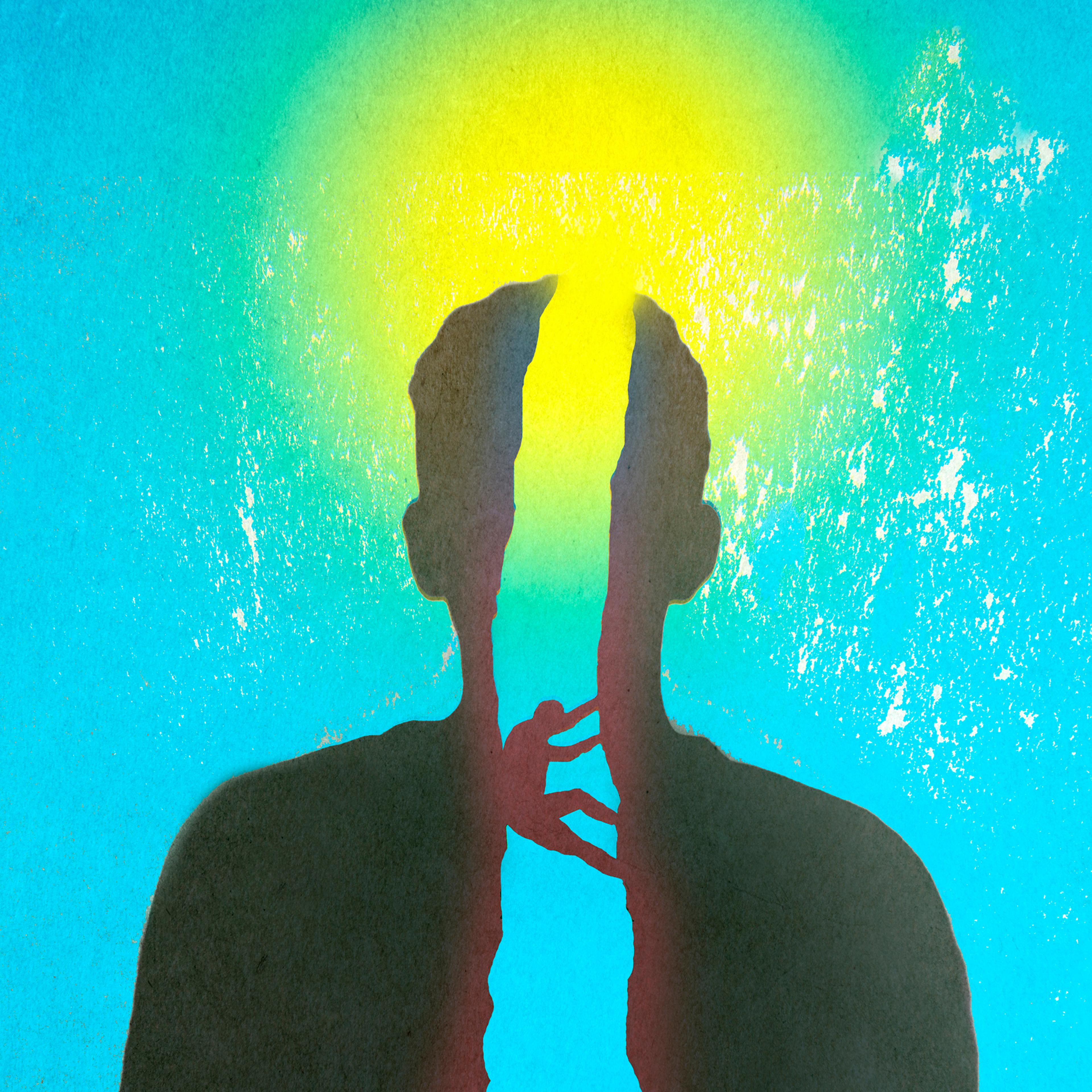 Illustration of man climbing out human shaped ravine symbolizing mental recovery