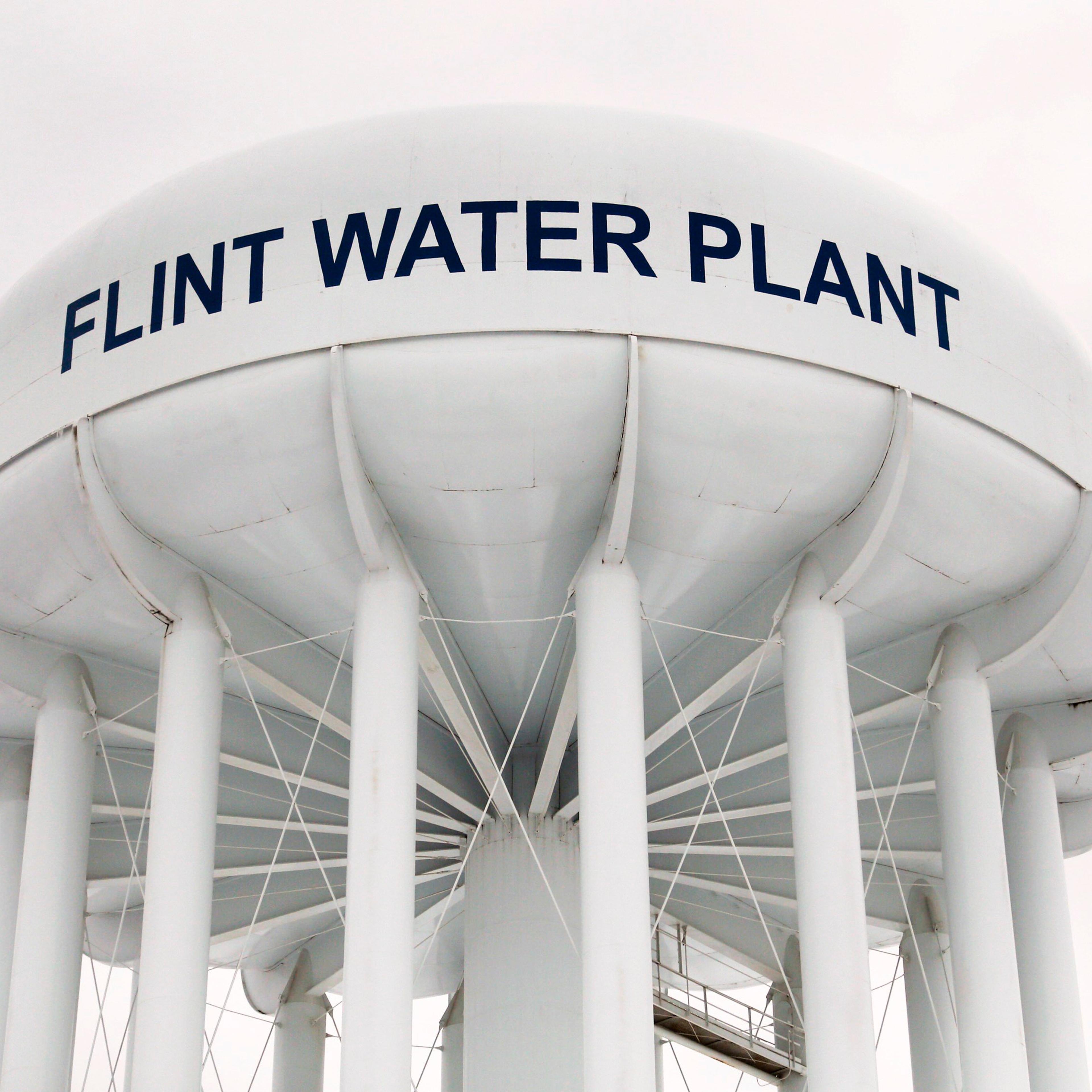 The top of a water tower is seen at the Flint Water Plant in Flint, Michigan in this file photo