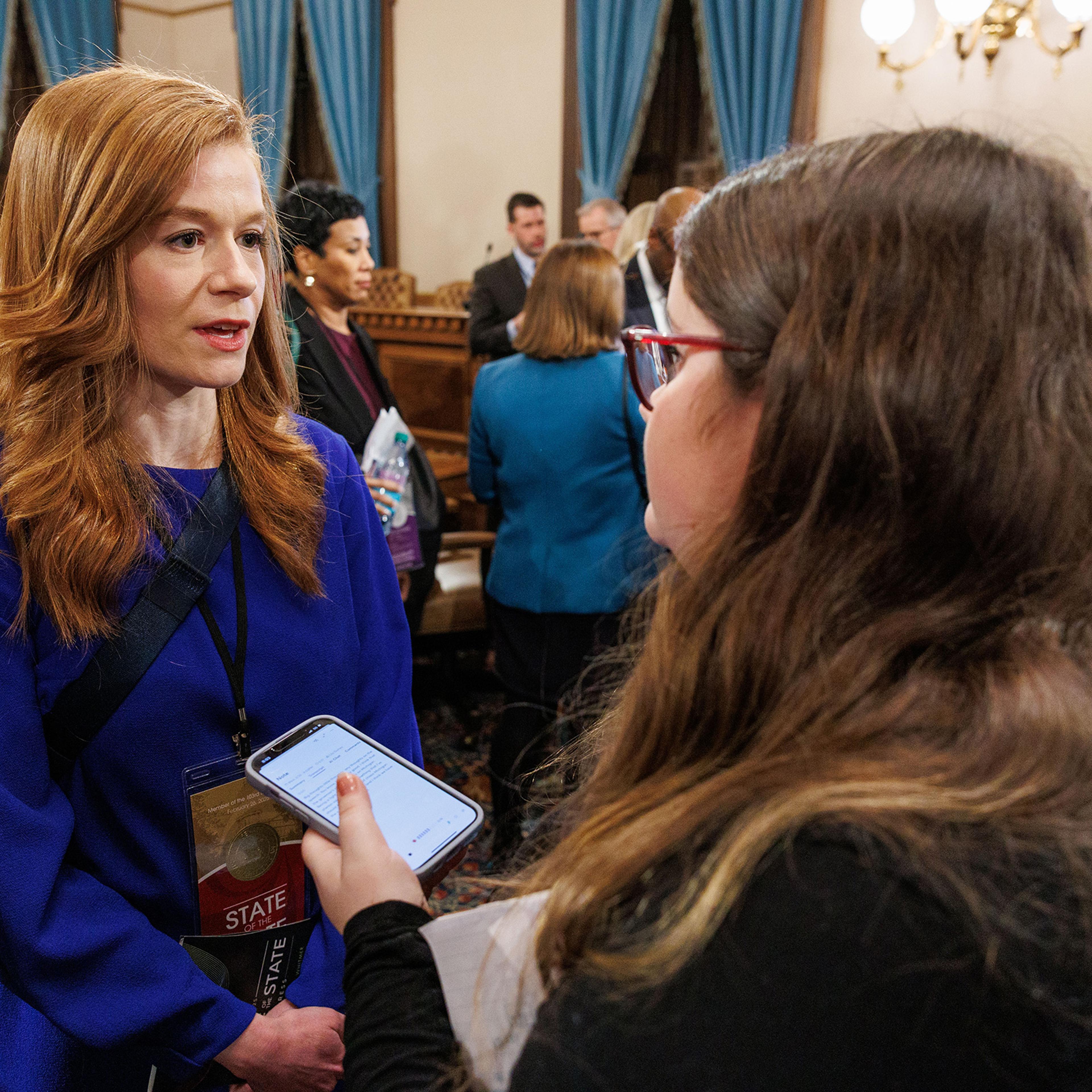 Michigan state Sen. Mallory McMorrow, D-Royal Oak, speaks to reporters following the conclusion of Gov. Gretchen Whitmer's seventh State of the State address in Lansing, Mich., on Feb. 26, 2025.