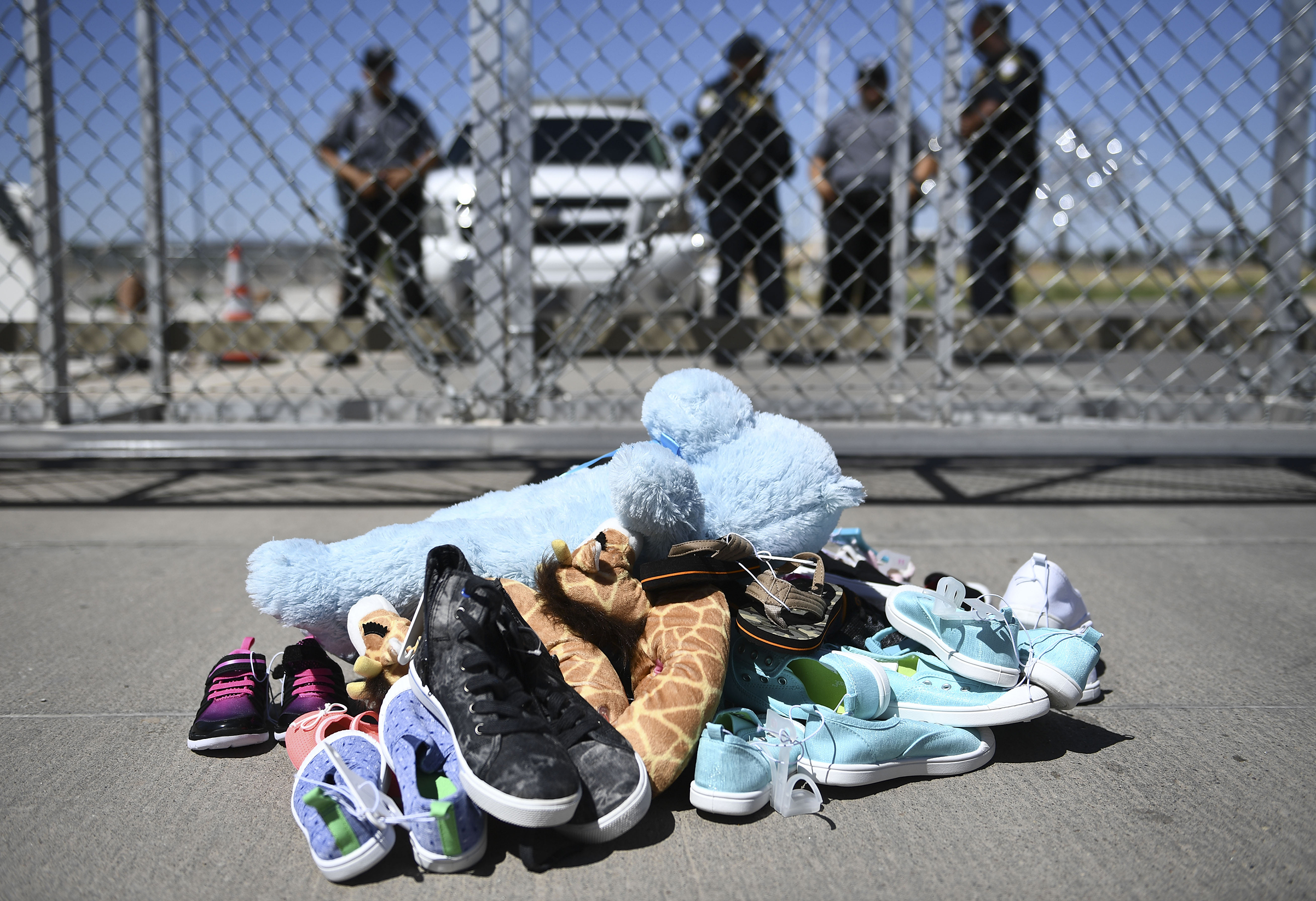 A pile of children's shoes during a protest rally