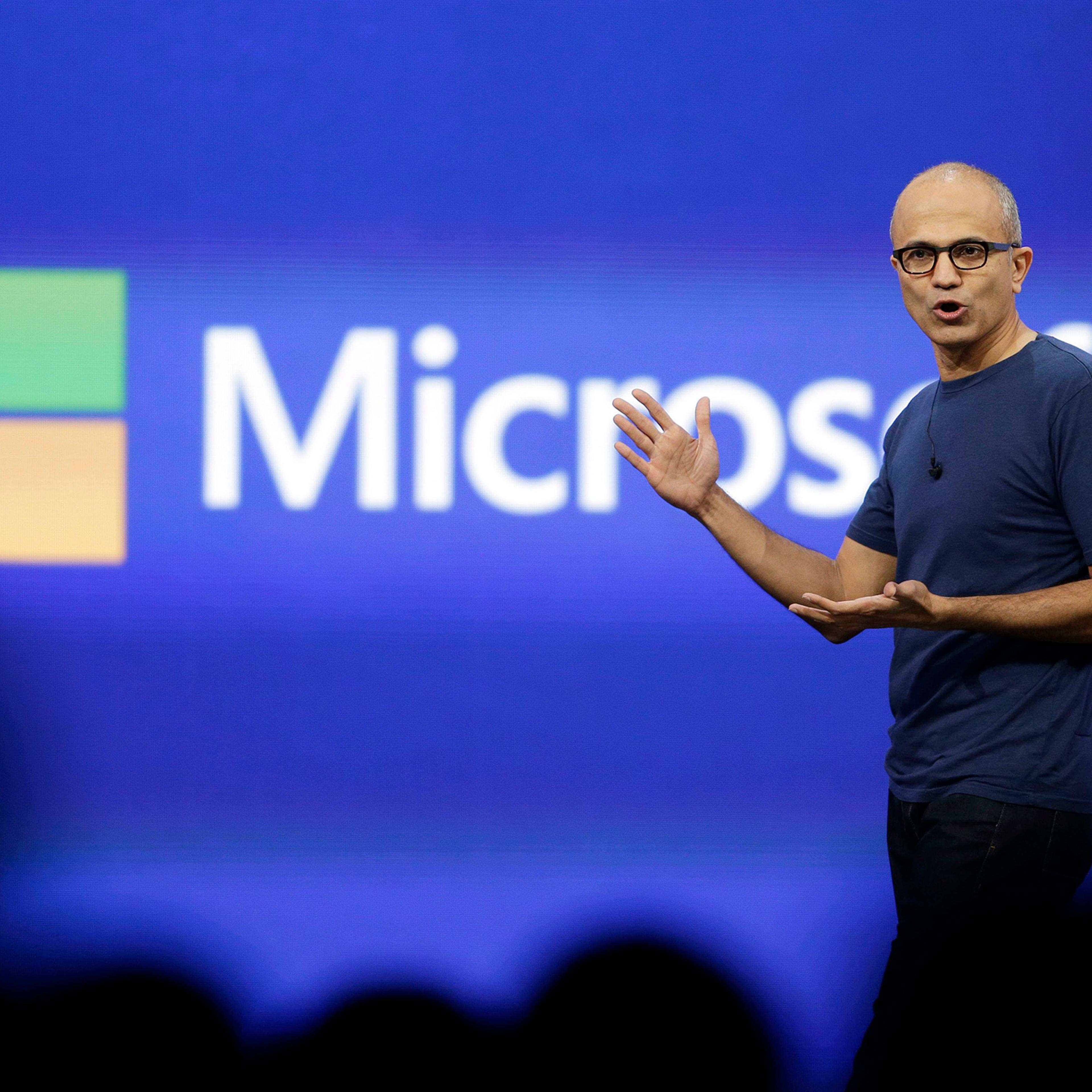 Microsoft CEO Satya Nadella gestures during the keynote address of the Build Conference in San Francisco, April 2, 2014