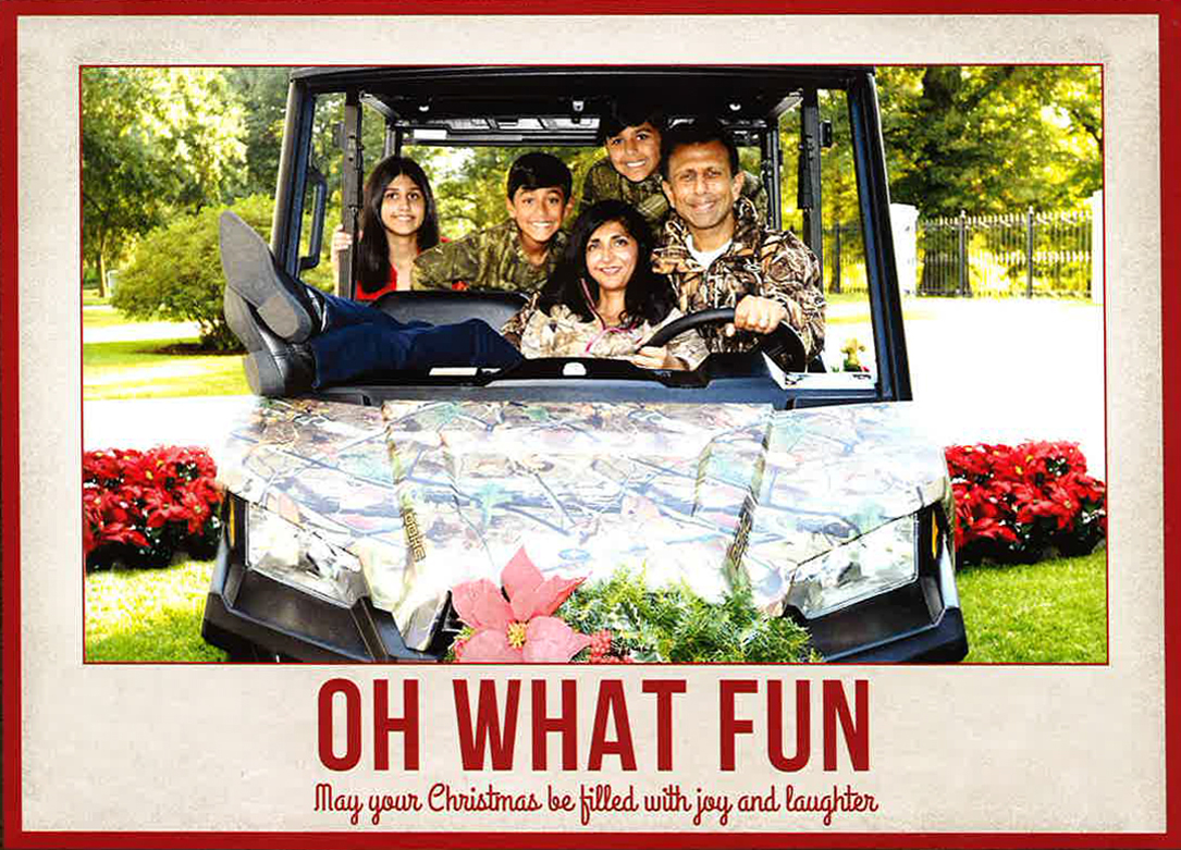 Louisiana Gov. Bobby Jindal's family went with a laid-back vibe on their card, from his wife's relaxed posed to the caption, which says it all: "Oh what fun."