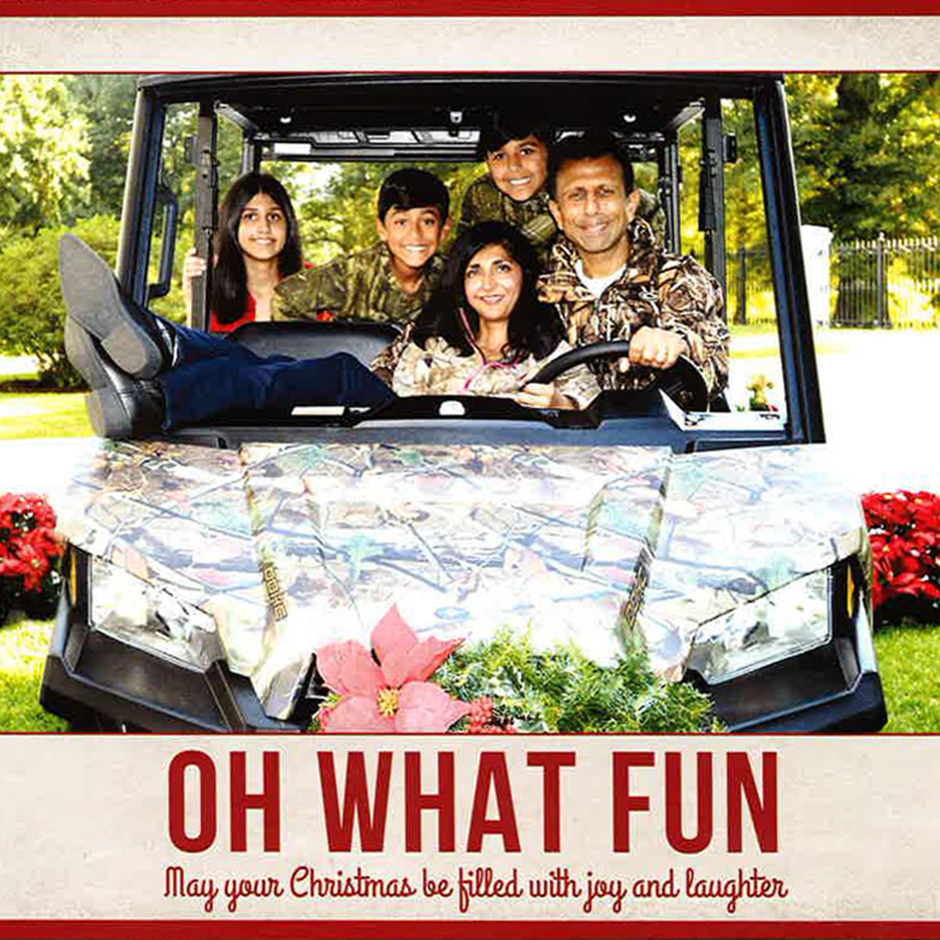 Louisiana Gov. Bobby Jindal's family went with a laid-back vibe on their card, from his wife's relaxed posed to the caption, which says it all: "Oh what fun."