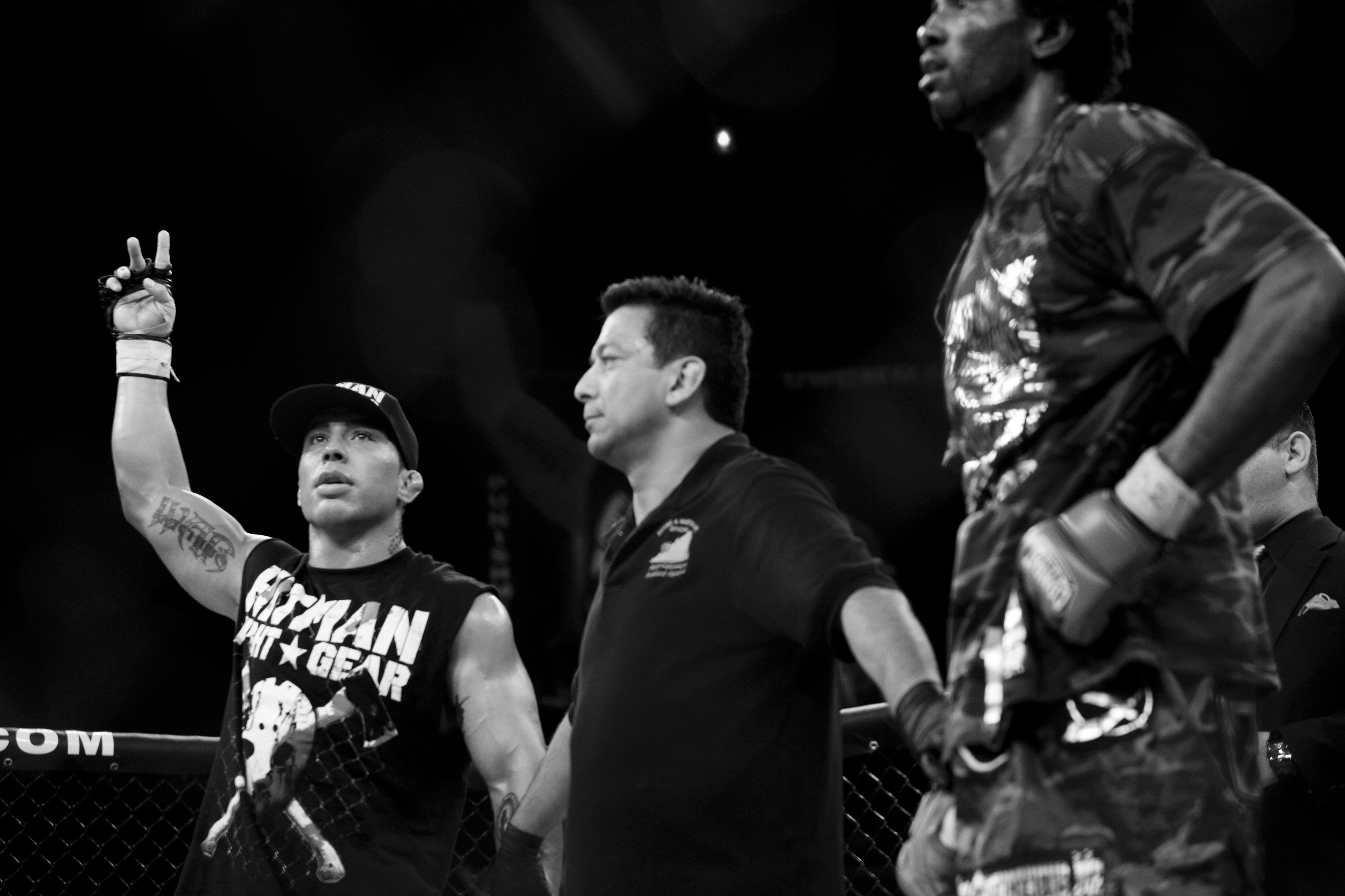 Jonathan "War Machine" Koppenhaver raises his hand after defeating Reshad Woods at the Ultimate Warrior Challenge "Capital Punishment" at the George Mason University Patriot Center in Fairfax, Virginia on April 26, 2009.
