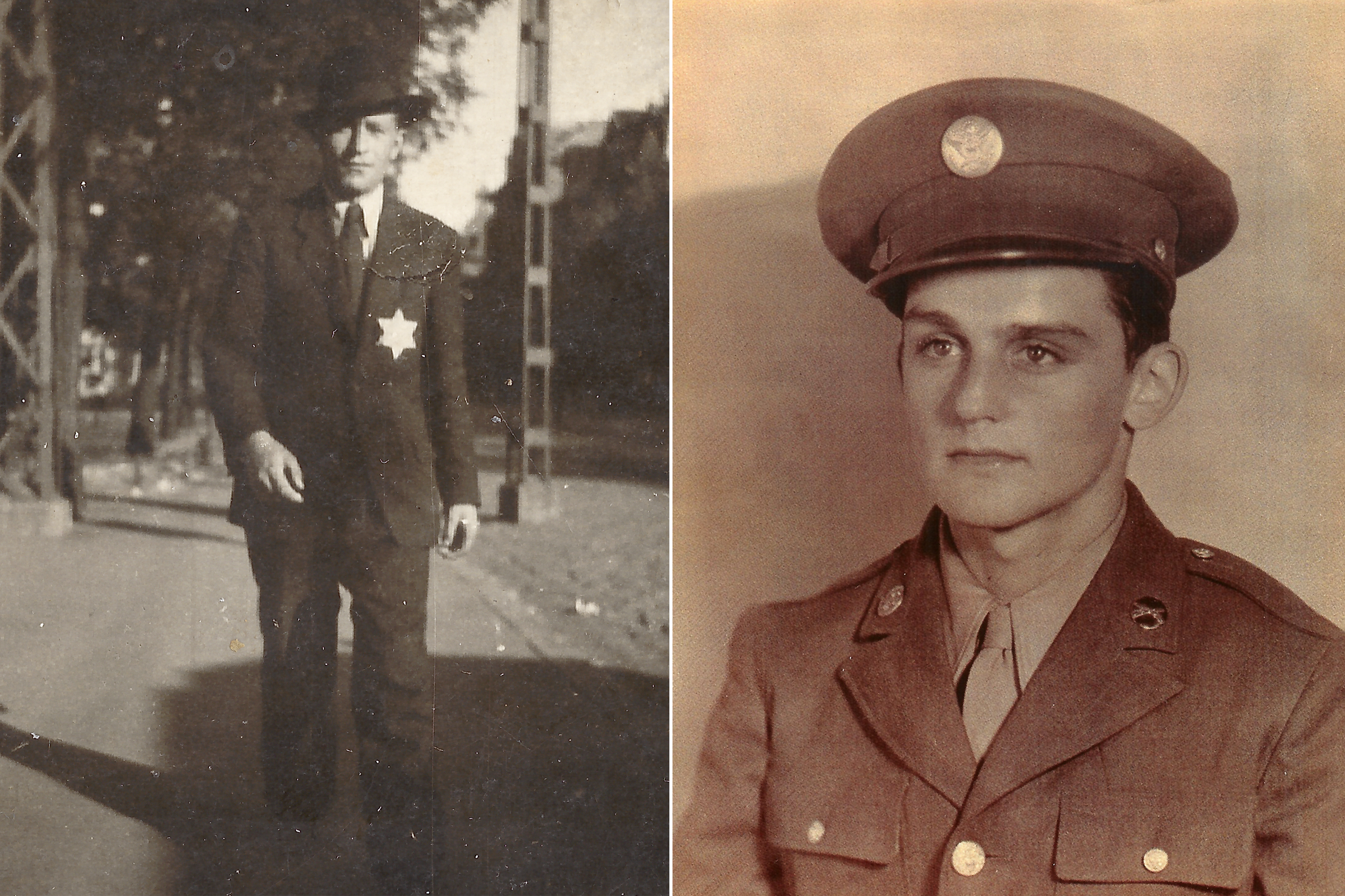 (Left) Nandor Katz in Budapest, Hungary, circa 1943. (Right) Alan Moskin, 18, at Camp Blanding in Florida, on Oct. 30, 1944. 