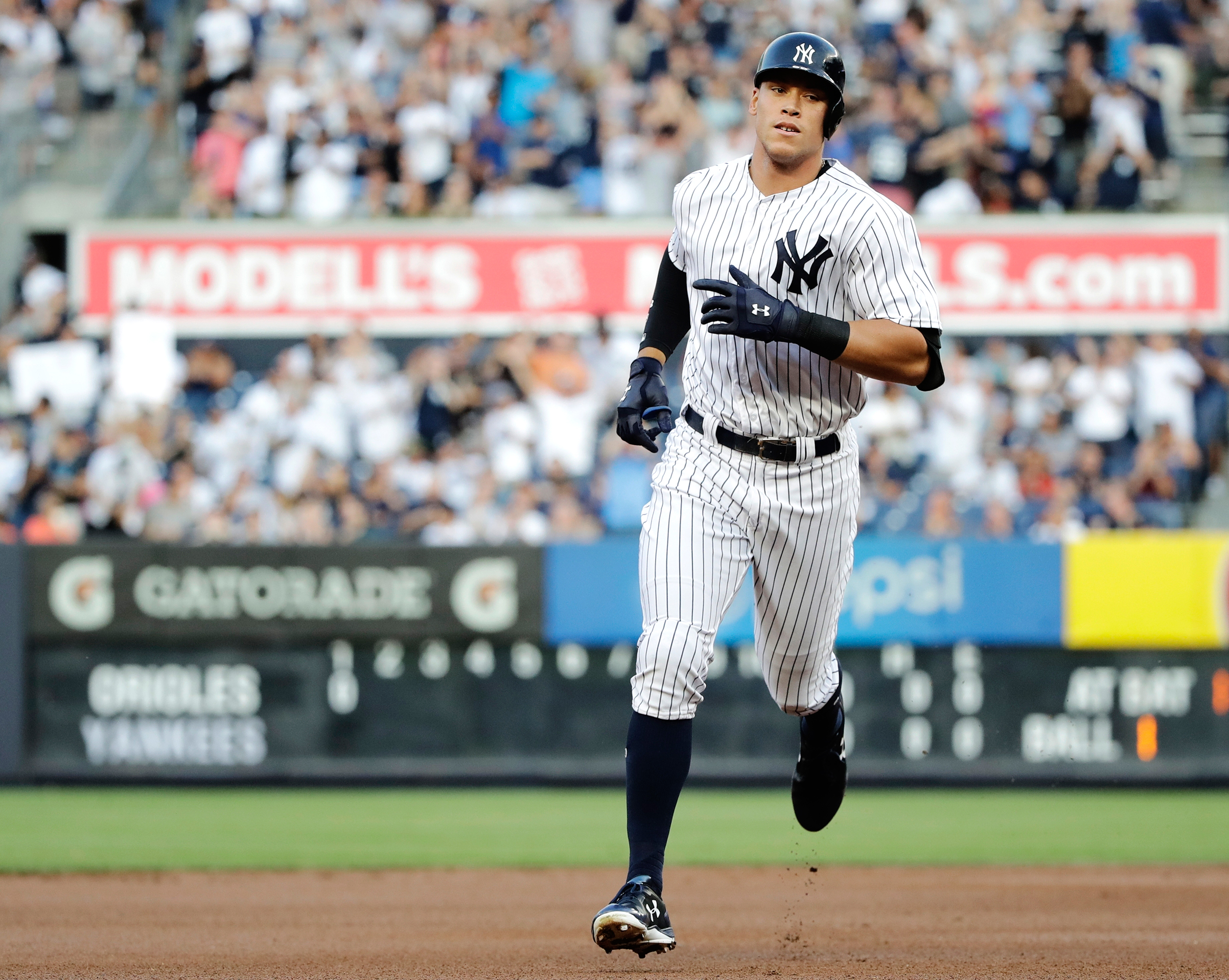 New York Yankees' Aaron Judge runs the bases after hitting a home run during the first inning of a baseball game against the Baltimore Orioles, Saturday, June 10, 2017, in New York.