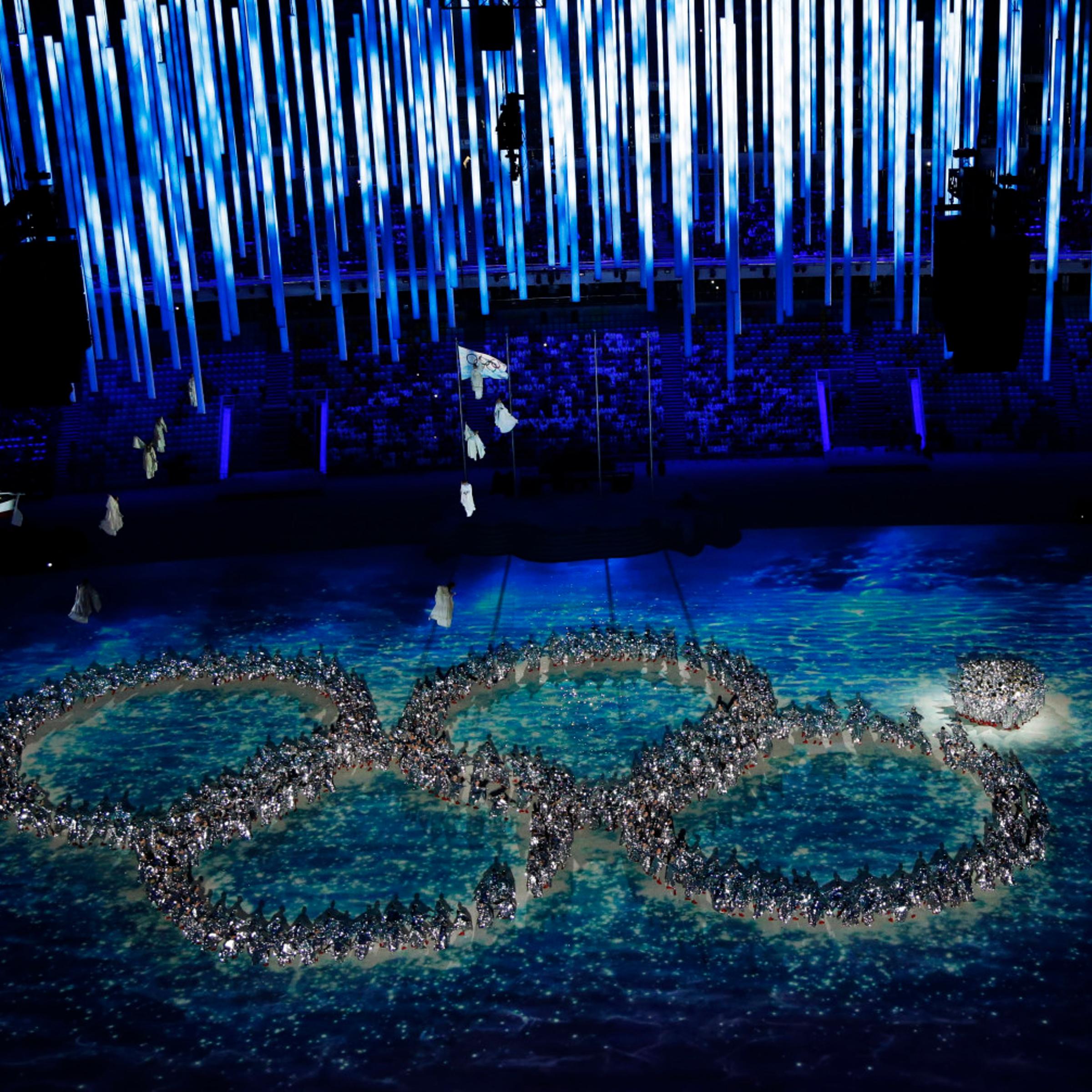 Performers recreate the fifth Olympic ring that didn't open in the opening ceremony during the closing ceremony of the 2014 Winter Olympics, Sunday, Feb. 23, 2014, in Sochi, Russia.
