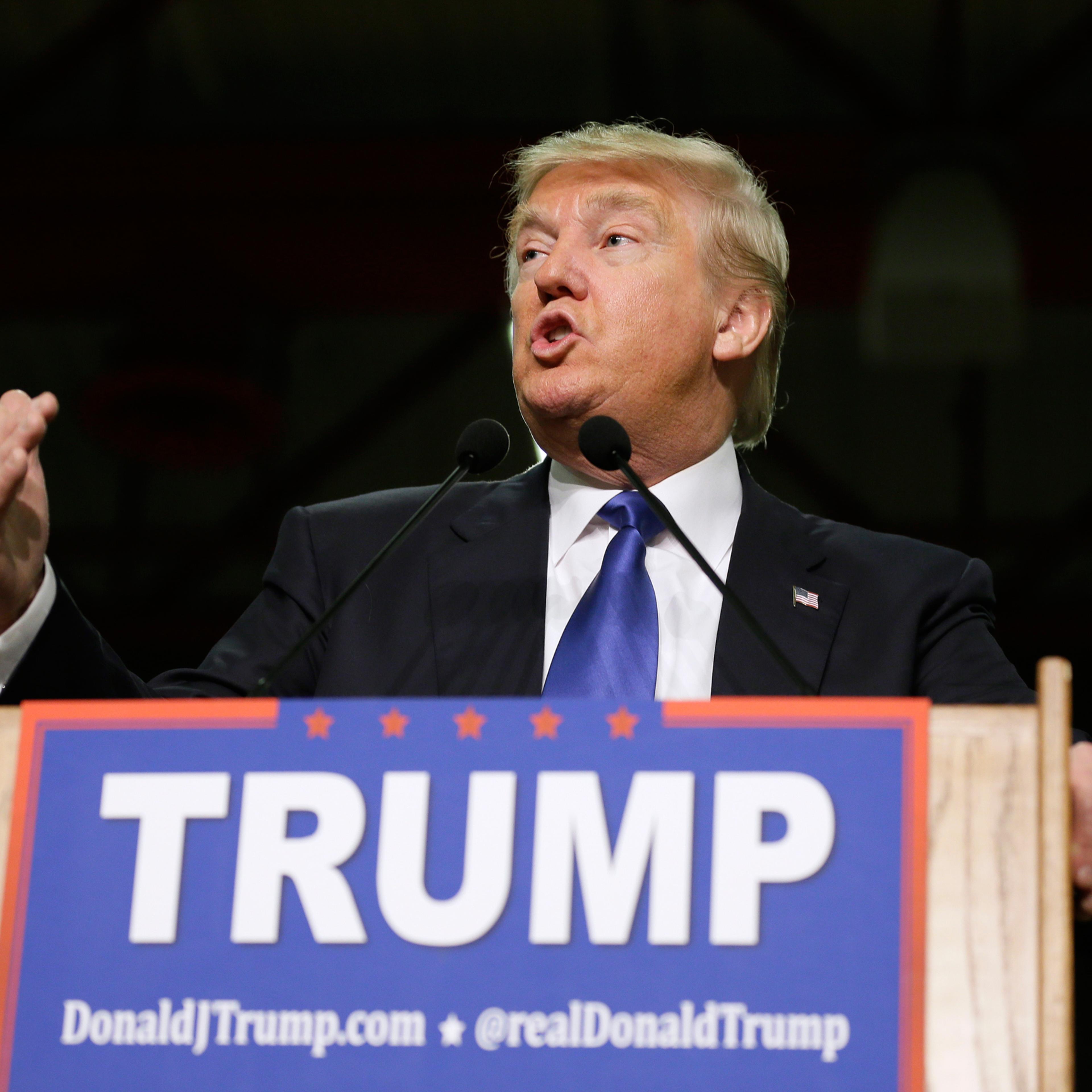 Republican presidential candidate Donald Trump speaks during a campaign rally at Clinton Middle School, Saturday, Jan. 30, 2016, in Clinton, Iowa. (AP Photo/Charlie Neibergall)