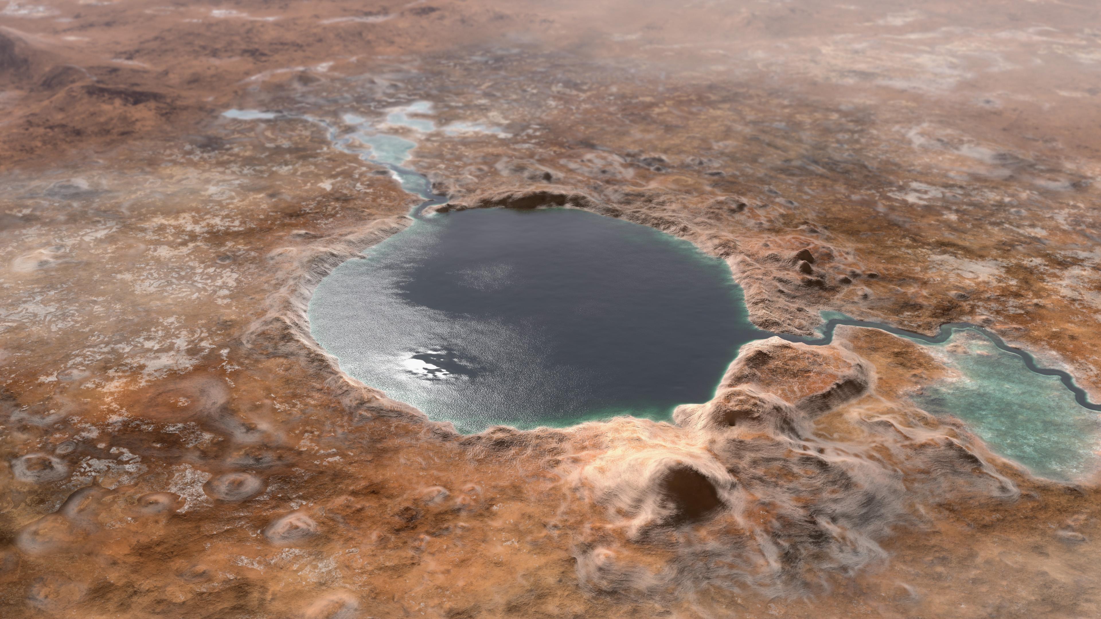 A NASA illustration shows Jezero crater as it might have looked when it was a lake, complete with inlet and outlet channels.