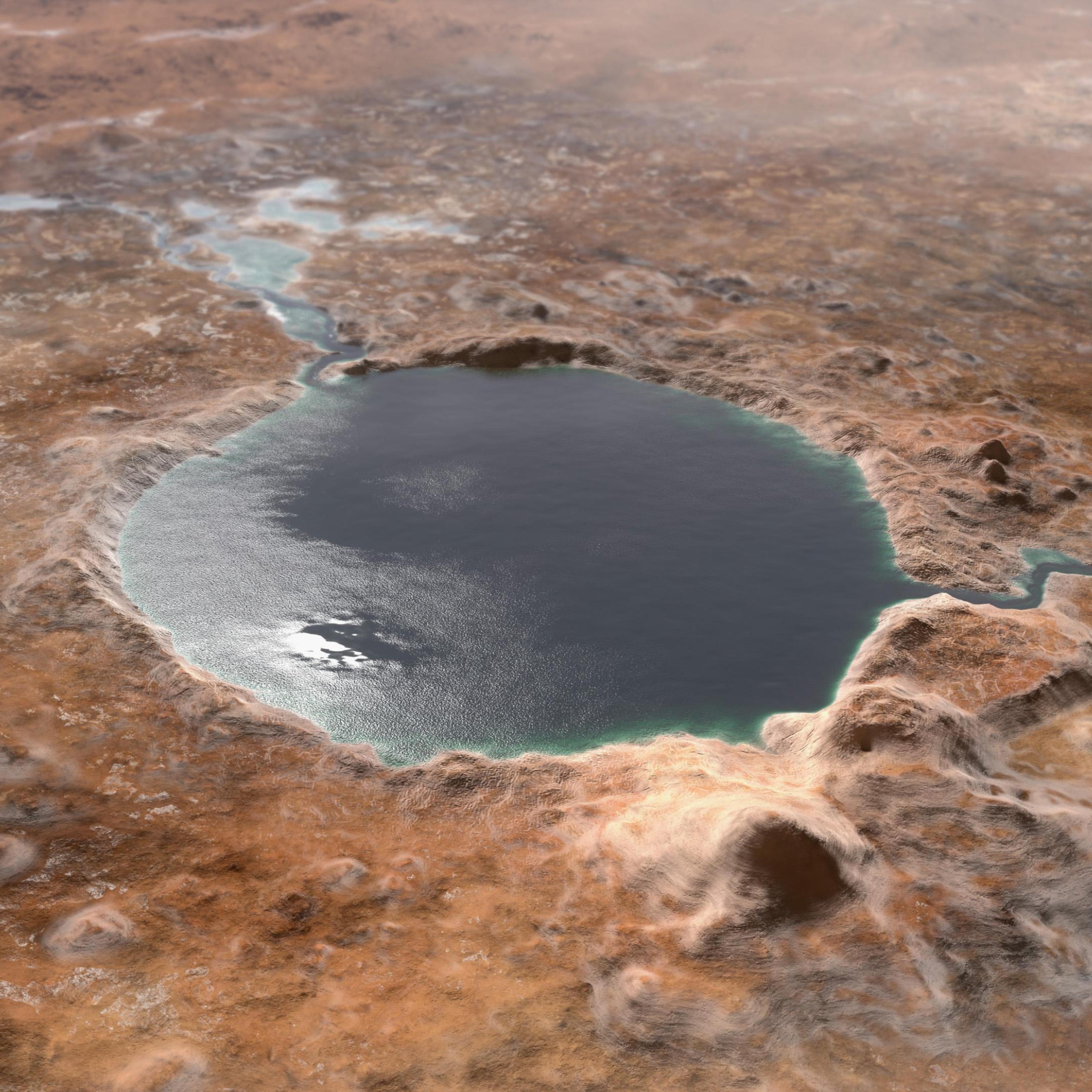 A NASA illustration shows Jezero crater as it might have looked when it was a lake, complete with inlet and outlet channels.