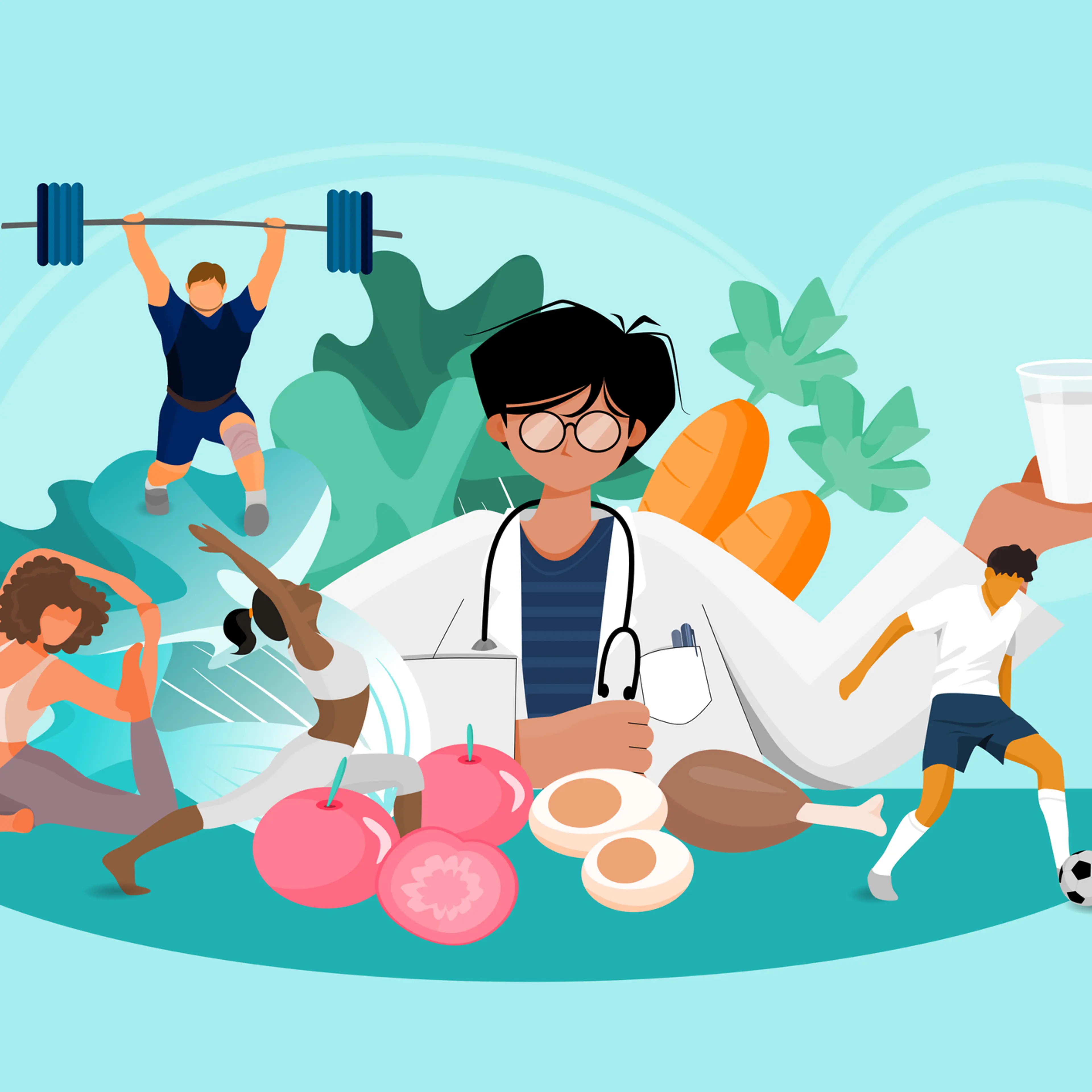 Healthcare and medicine illustration concept shows the doctor advising how to be a healthy person by referring exercise and eating good food regularly.
