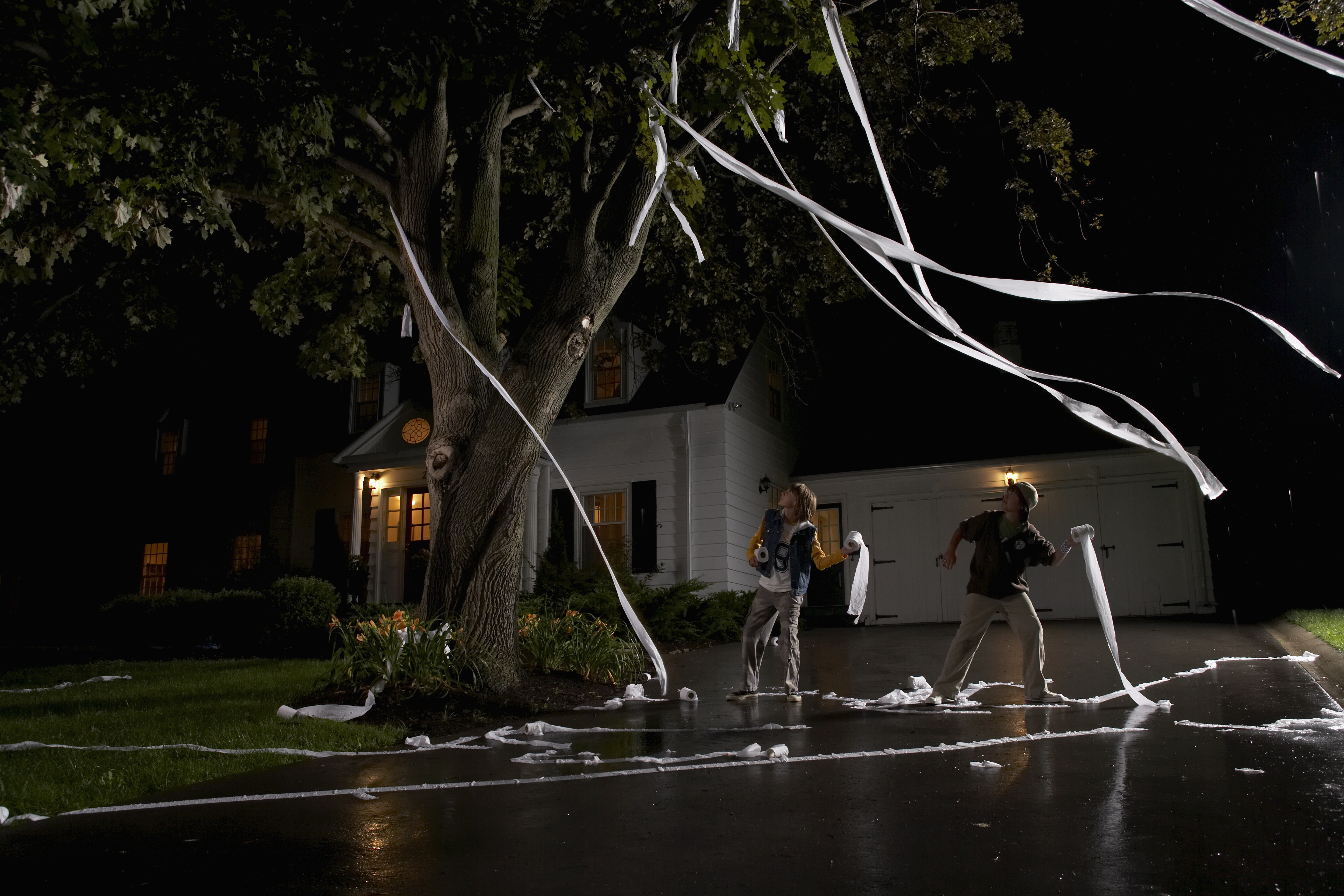 Two boys (12-13) throwing toilet paper into tree in front of house, night