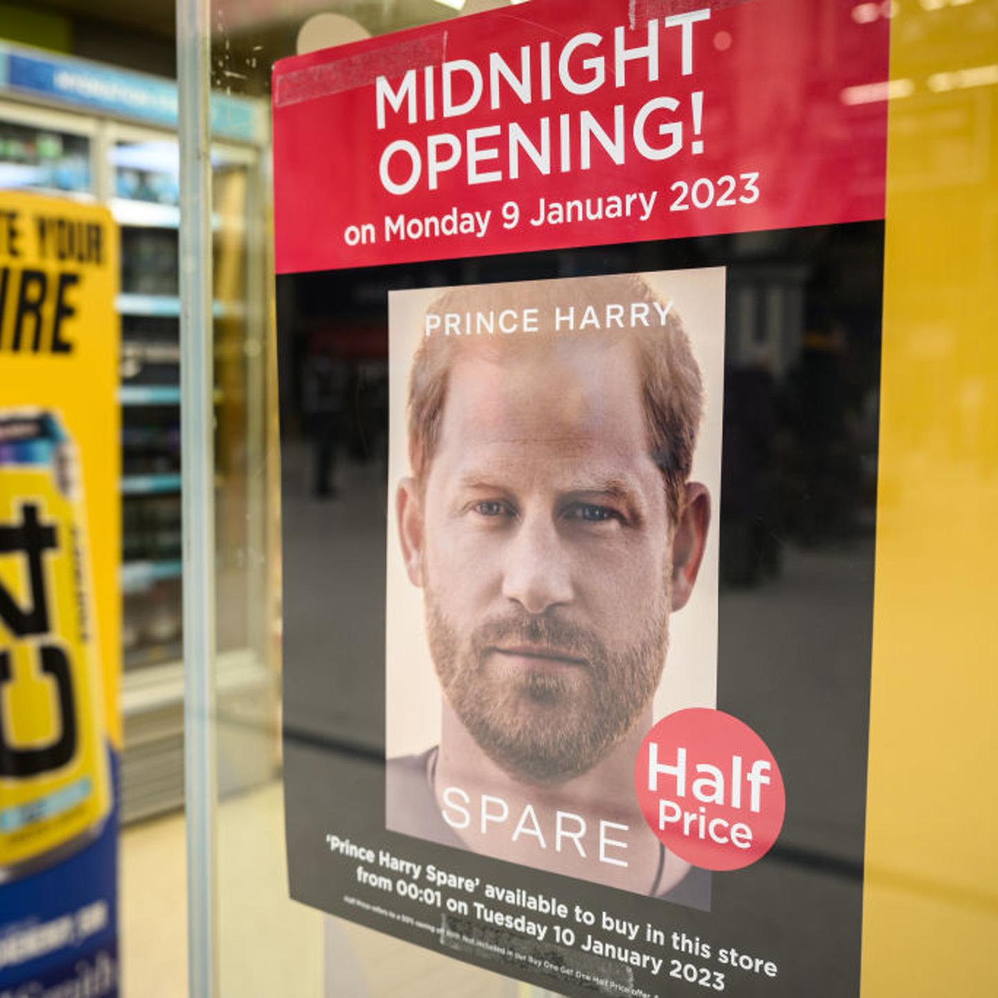 A poster advertising the launch of Prince Harry's memoir "Spare" is seen in a store window on January 06, 2023 in London.