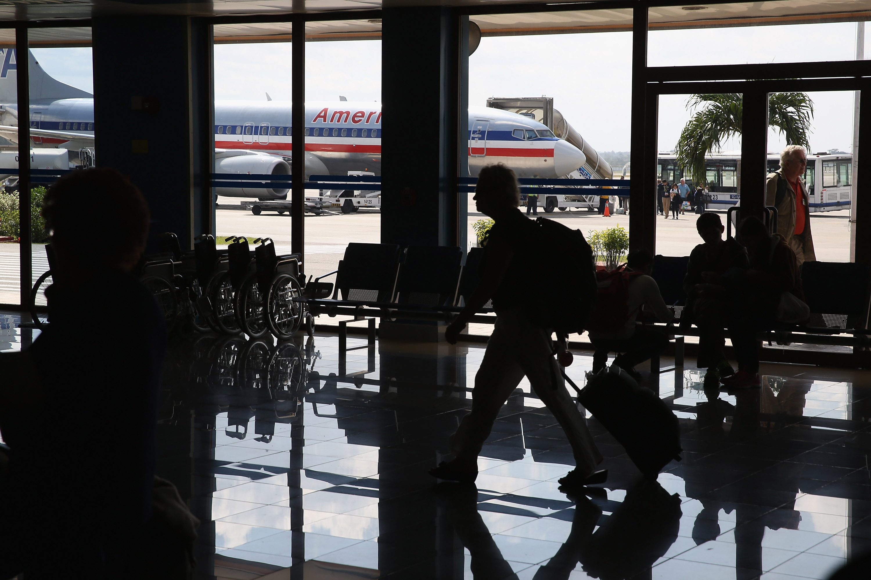 A charger jet, operated by American Airlines, is parked on the tarmac at Jose Marti International Airport after flying directly from Miami January 19, 2015 in Havana, Cuba.