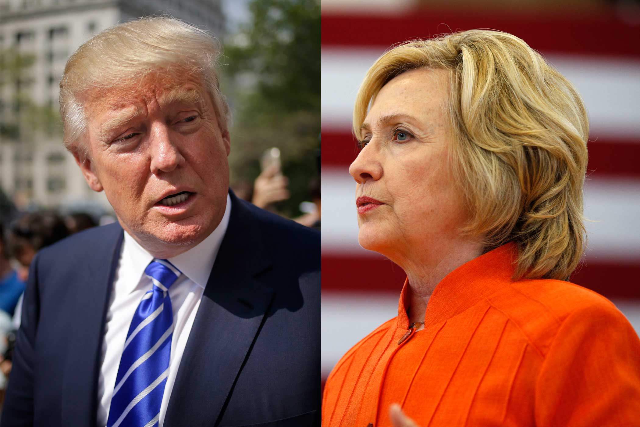 Republican presidential candidate Donald Trump leaves the courthouse after serving on jury duty in New York on Aug. 17, 2015. Democratic presidential candidate Hillary Rodham Clinton speaks at a town hall meeting on Aug. 18, 2015, in Las Vegas.