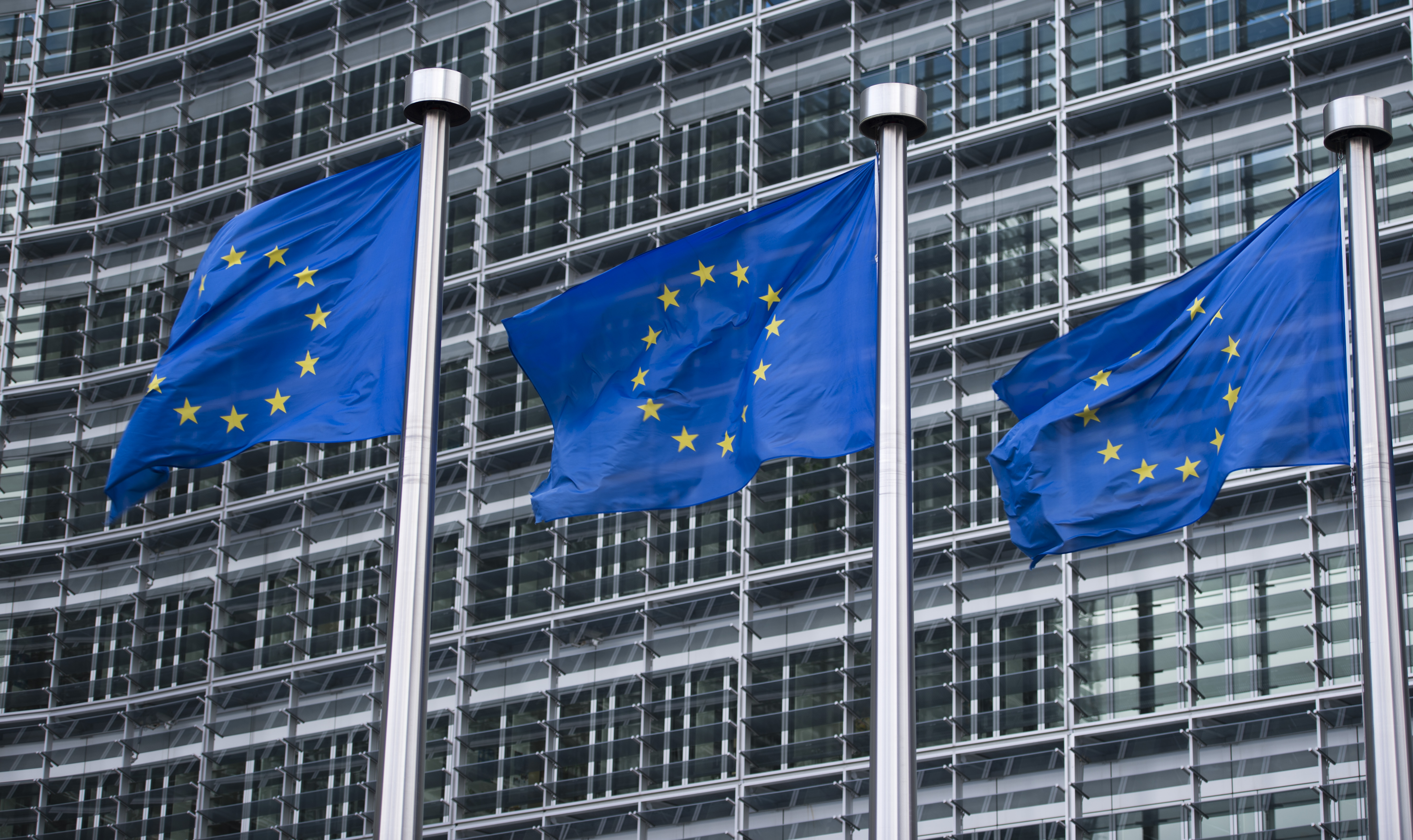 Flags of the European Union seen in front of the headquarters of the European Commission in Brussels, Belgium on March 3, 2014.