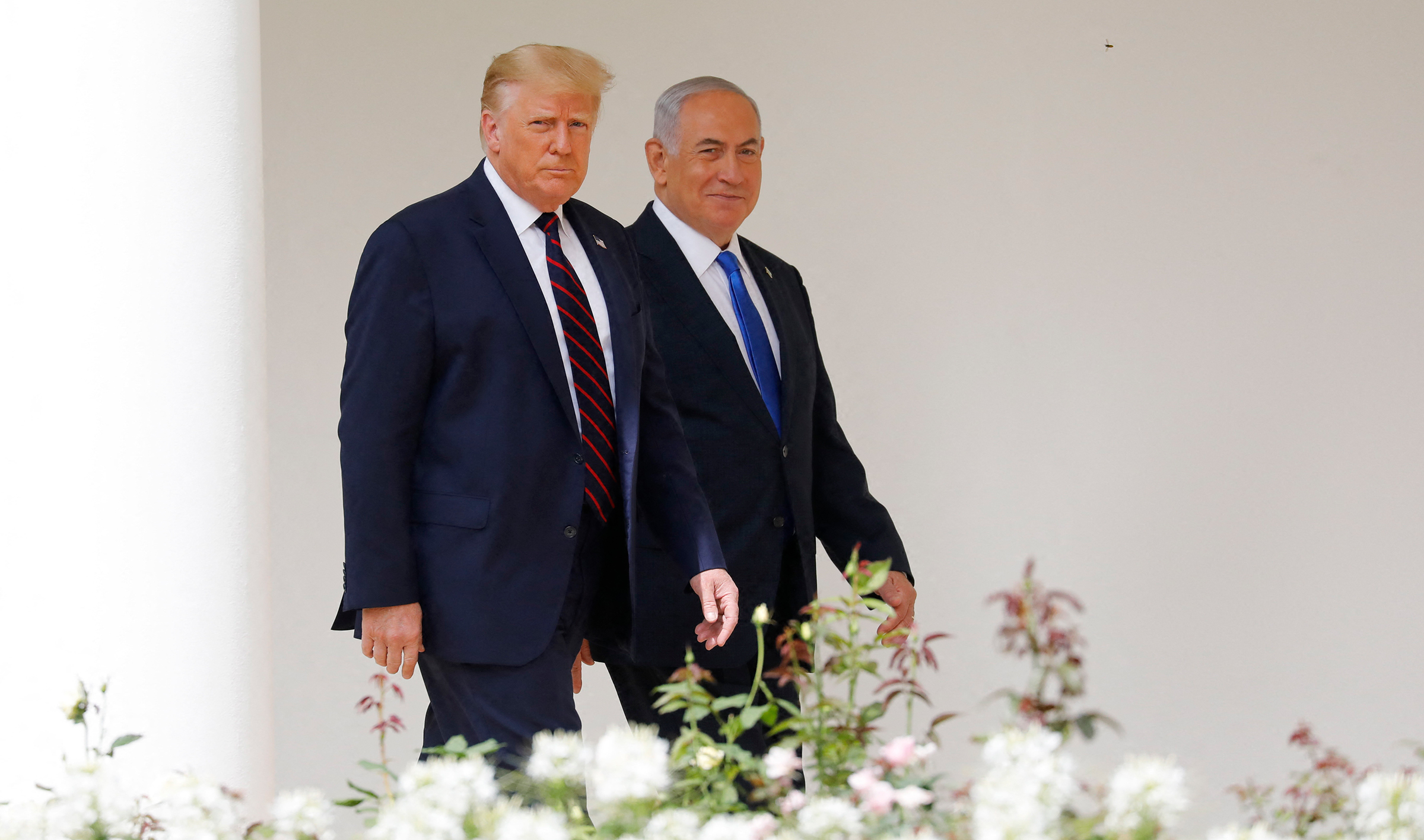Benjamin Netanyahu and President Donald Trump arrive at an event on the South Lawn of the White House in Washington, D.C., Sept. 15, 2020.