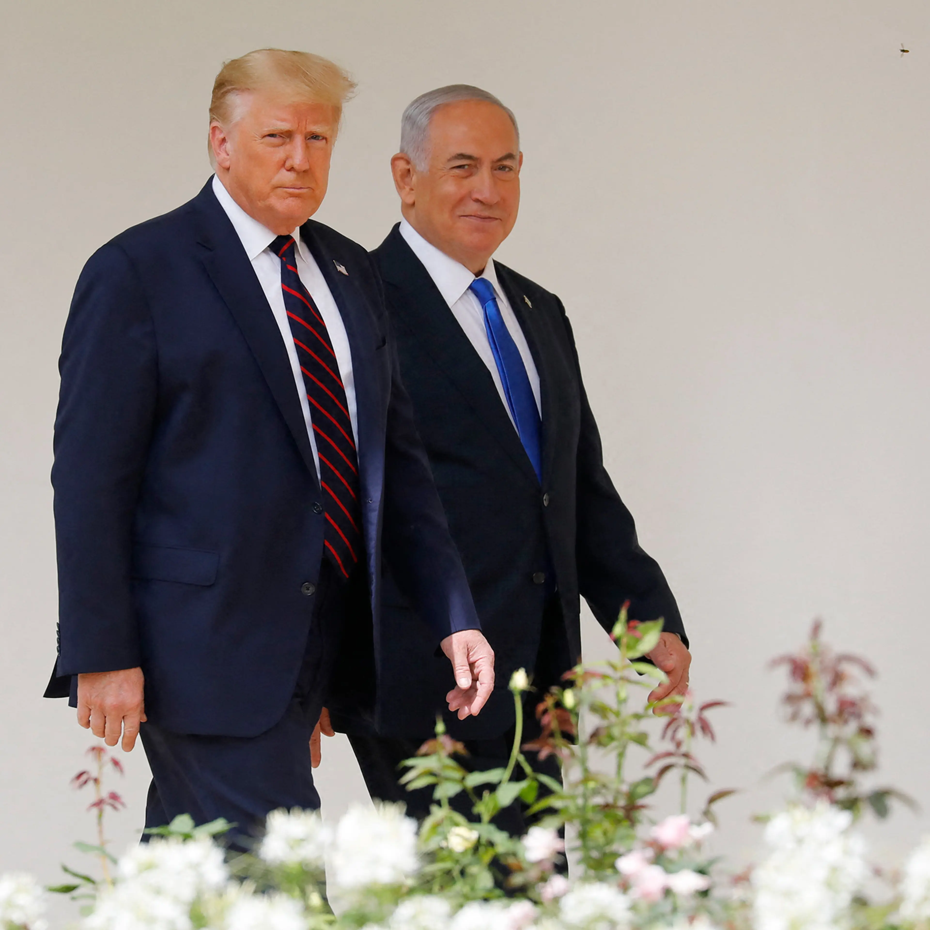 Benjamin Netanyahu and President Donald Trump arrive at an event on the South Lawn of the White House in Washington, D.C., Sept. 15, 2020.