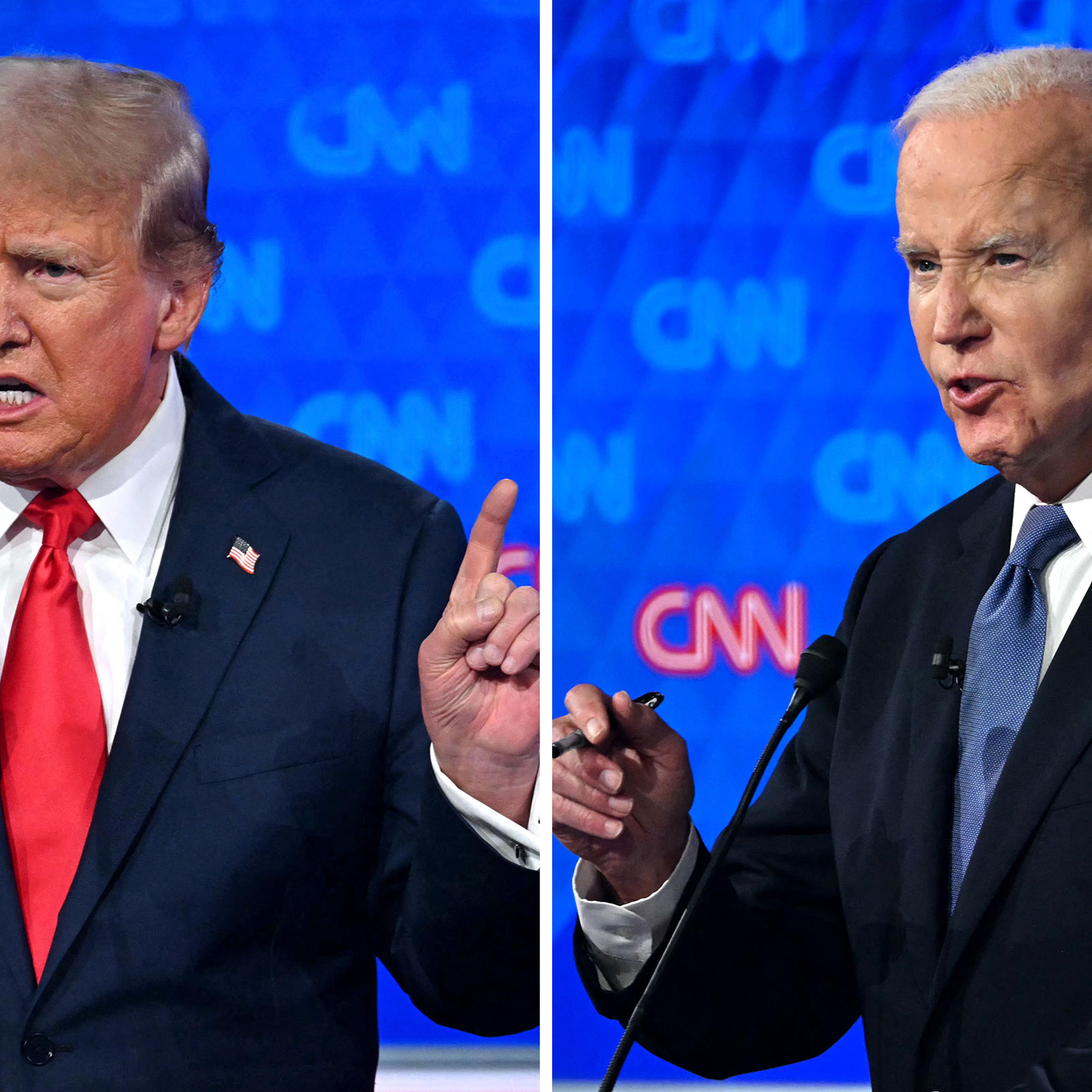 Former President Donald Trump and President Joe Biden participate in the CNN Presidential Debate at the CNN Studios in Atlanga on June 27, 2024.