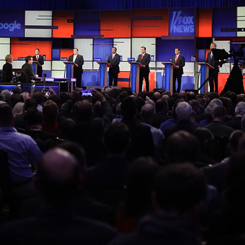 Republican presidential candidates (R-L) Ohio Governor John Kasich, Jeb Bush, Sen. Marco Rubio (R-FL), Sen. Ted Cruz (R-TX), Ben Carson, New Jersey Governor Chris Christie and Sen. Rand Paul (R-KY) wait for the beginning of the Fox News - Google GOP Deba