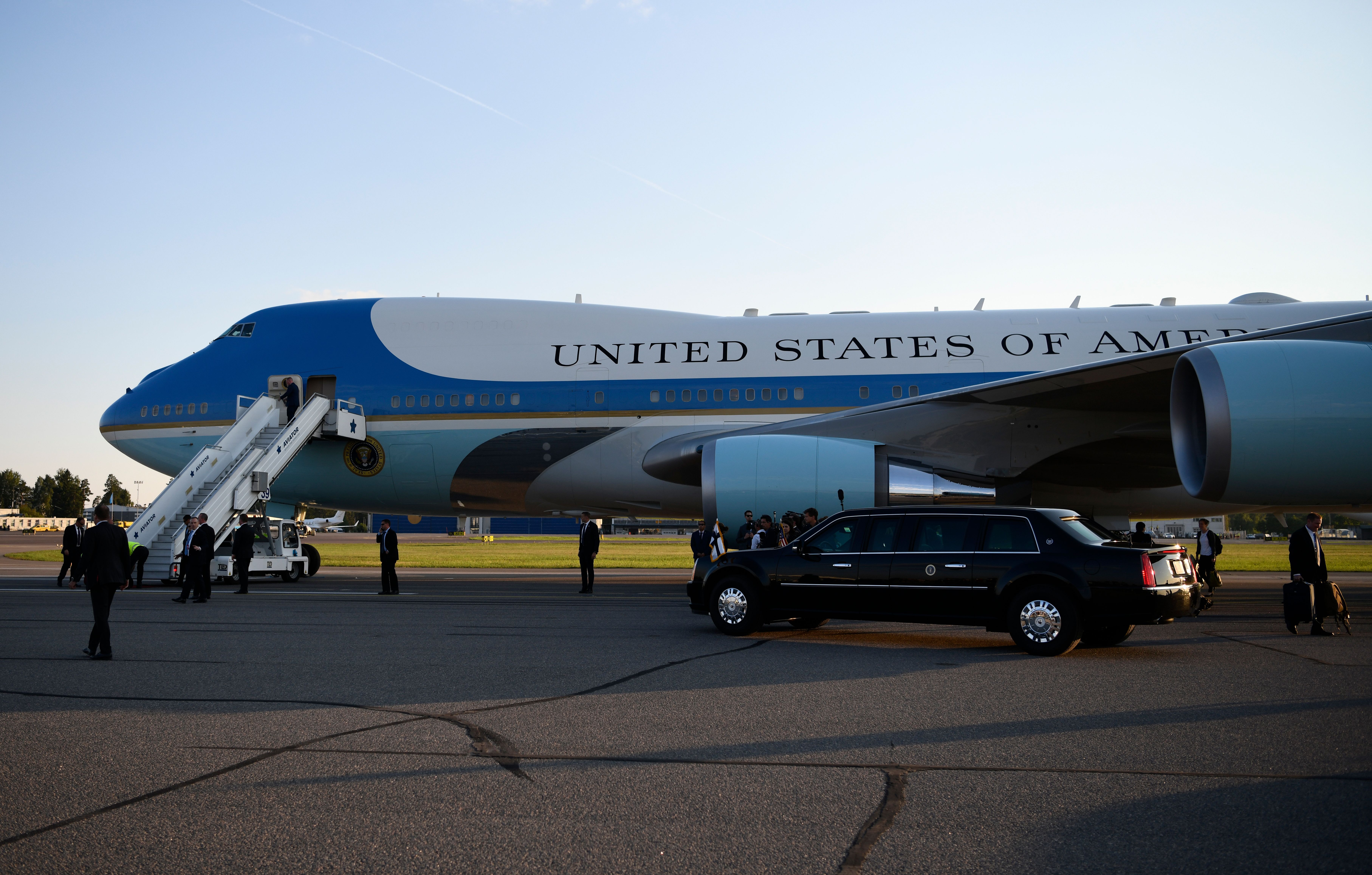 The president disembarks Air Force One in Finland for the 2018 Helsinki Summit.