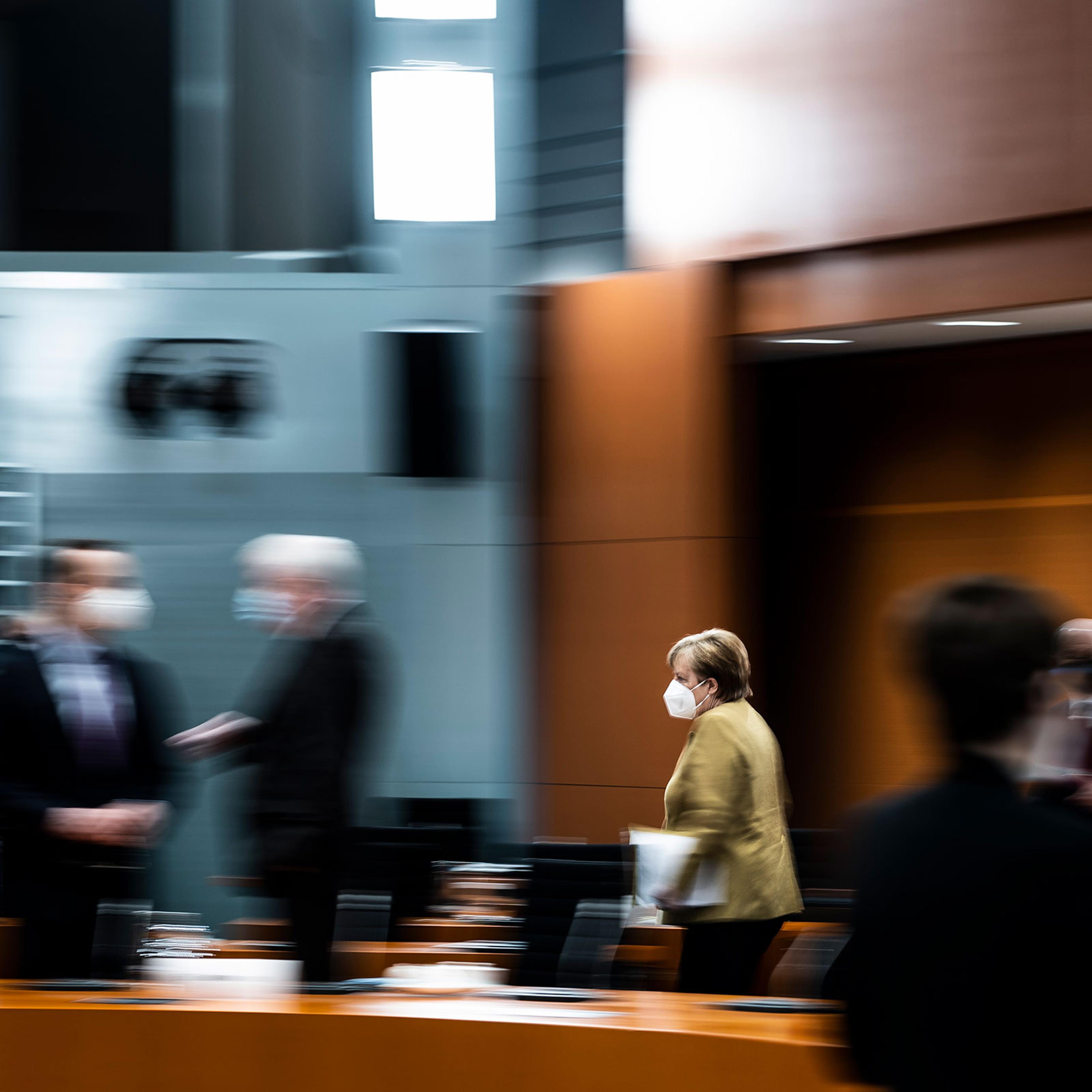 German Chancellor Angela Merkel arrives for the weekly meeting of the cabinet in Berlin, Germany on March 17, 2021.