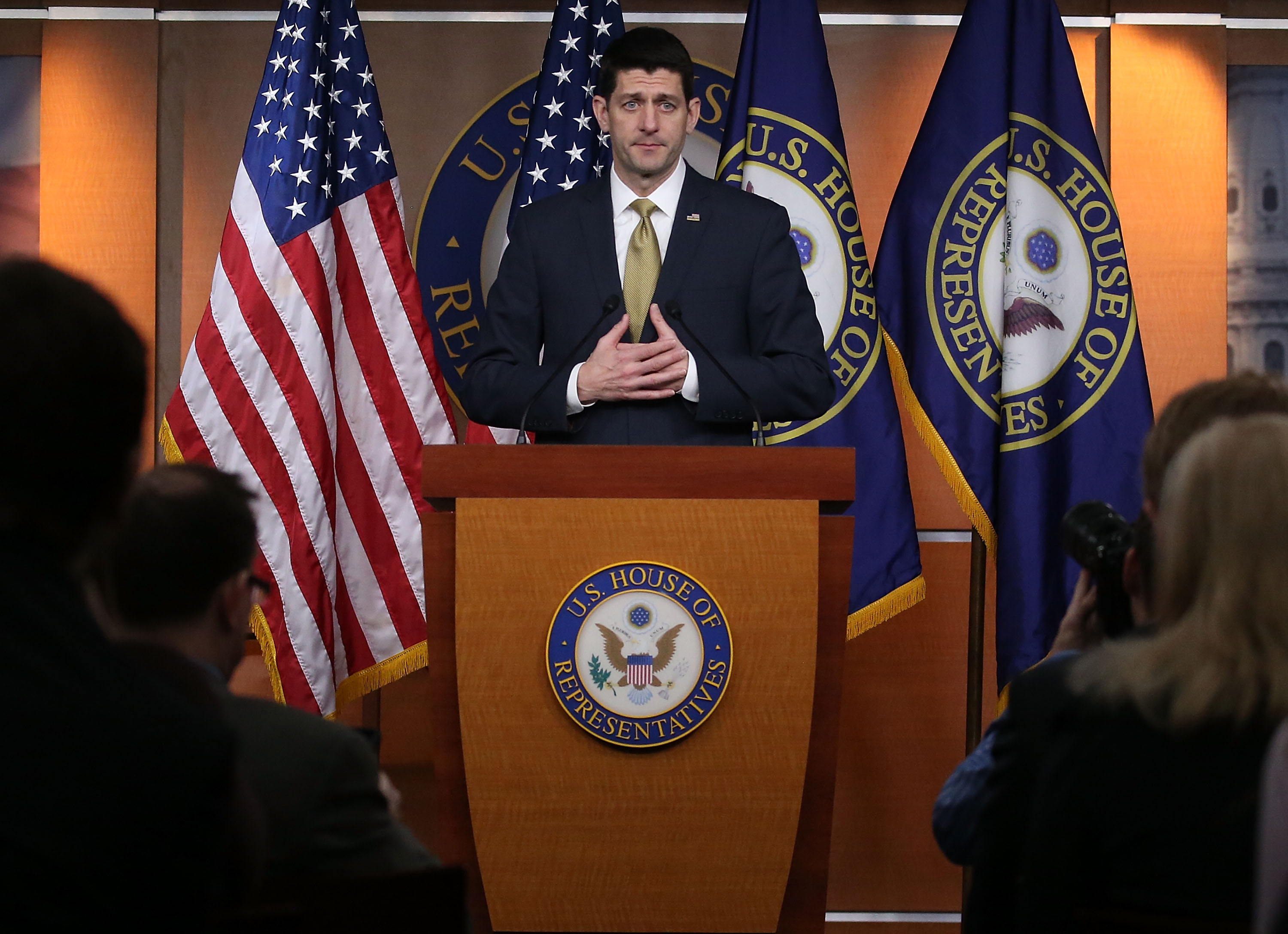 House Speaker Paul Ryan speaks to the media during his weekly briefing at the U.S. Capitol, March 3, 2016 in Washington, DC.