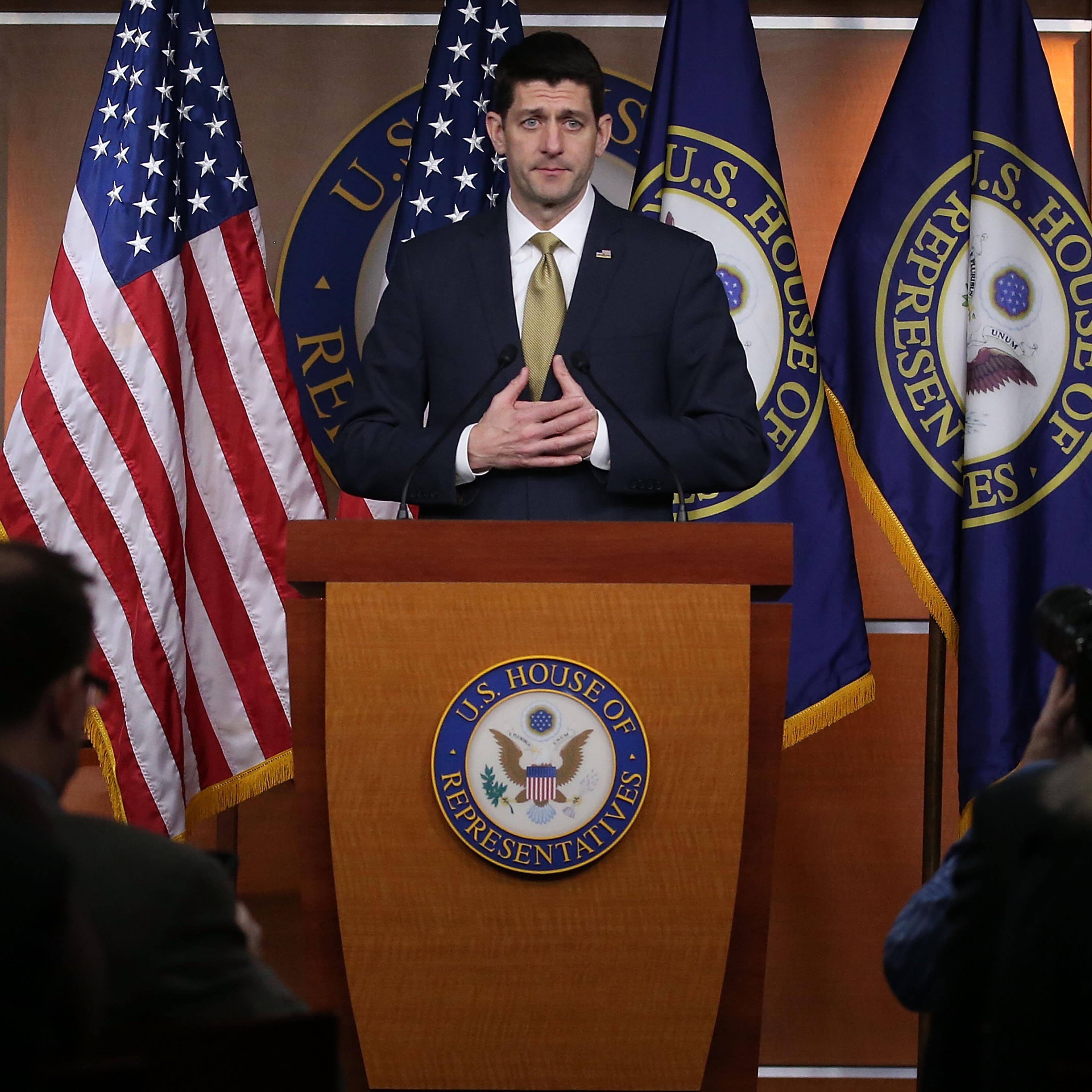 House Speaker Paul Ryan speaks to the media during his weekly briefing at the U.S. Capitol, March 3, 2016 in Washington, DC.