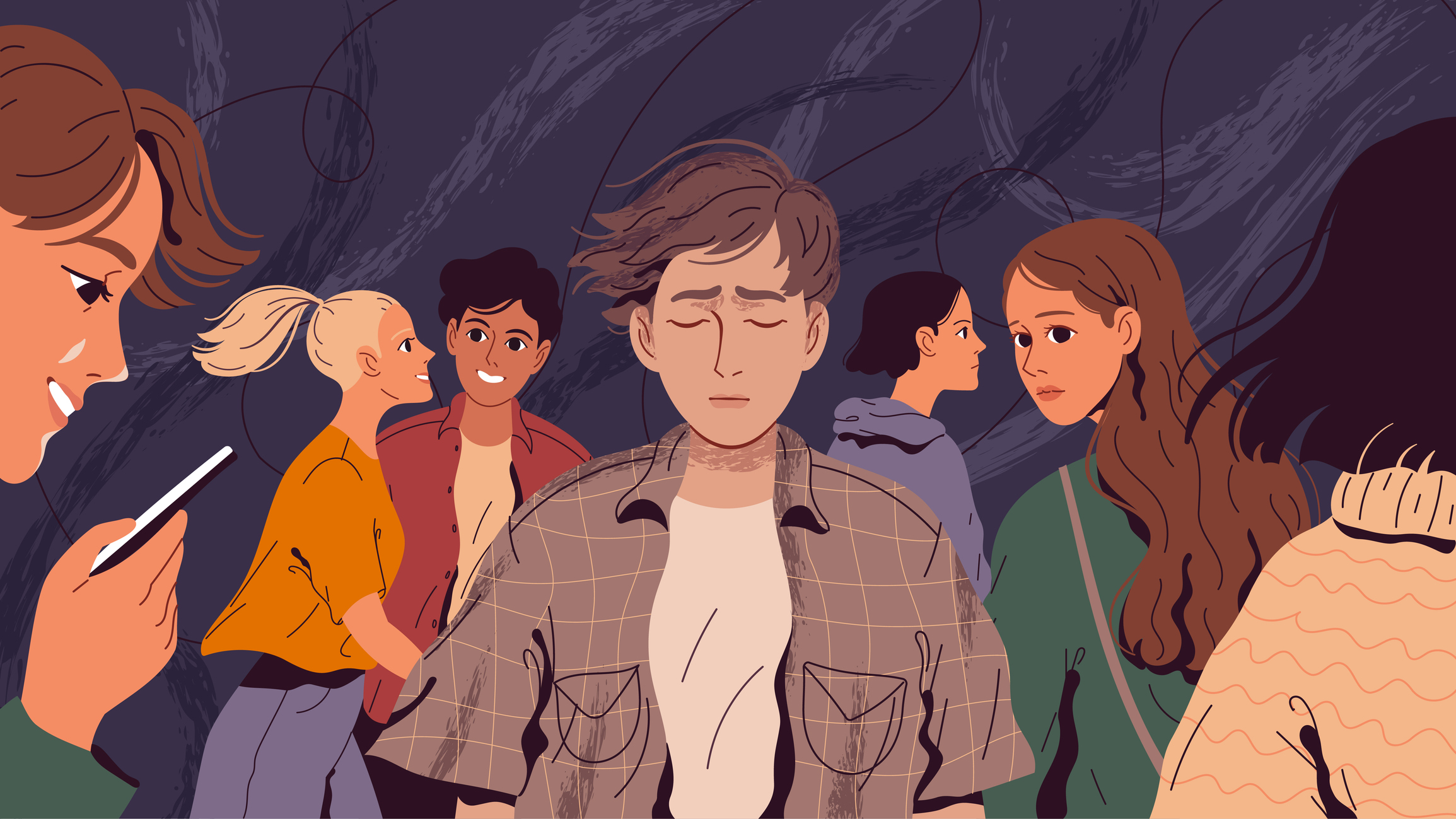 Lonely, suffering man in a crowd of people who do not notice him