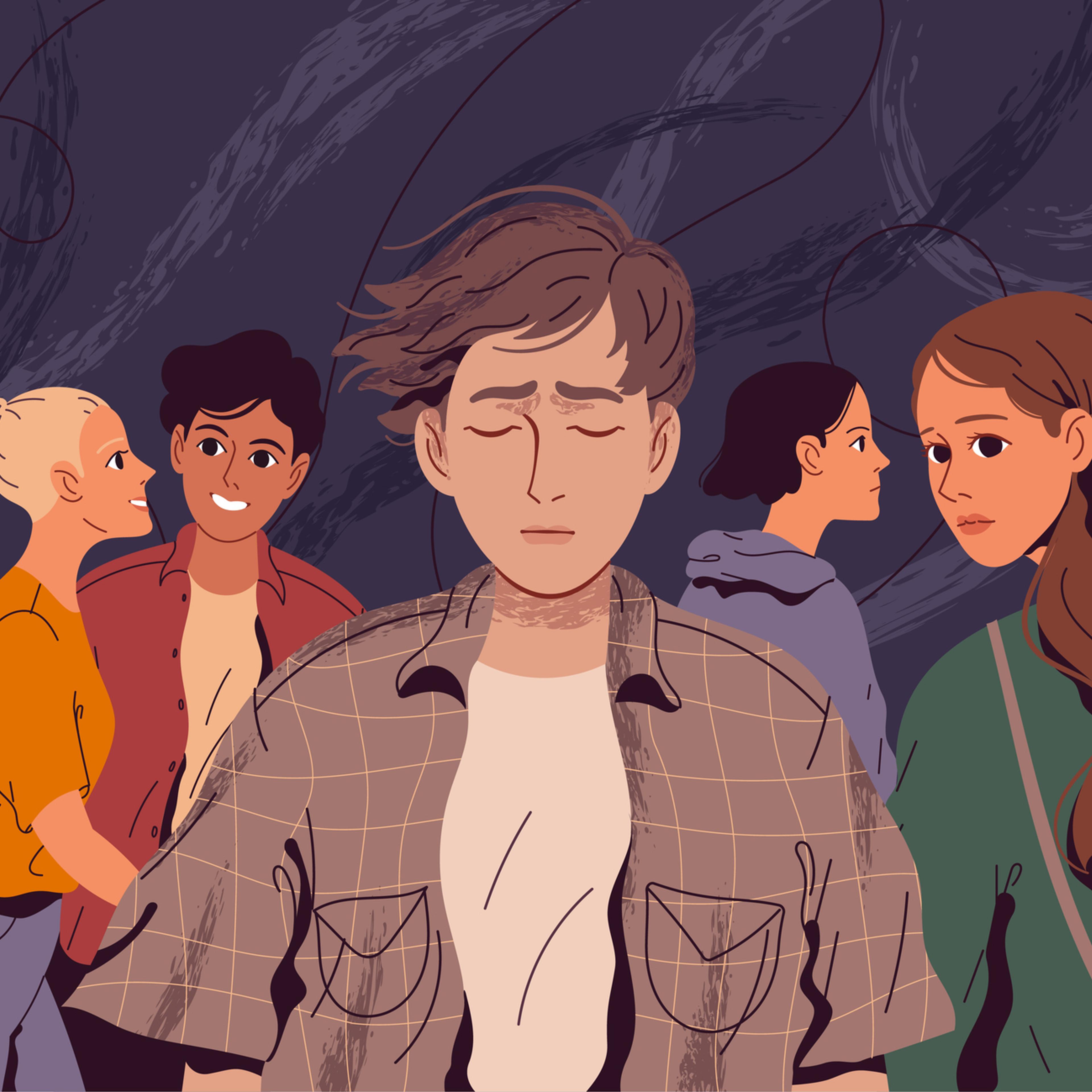 Lonely, suffering man in a crowd of people who do not notice him