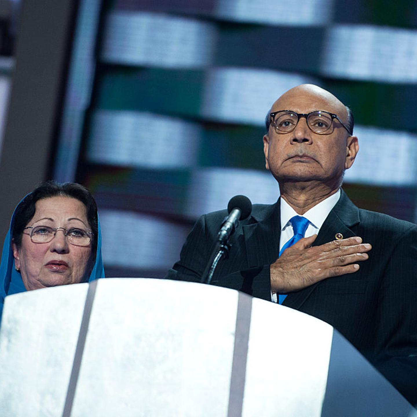 Khizr Khan and his wife, whose son, Army Capt. Humayun Khan was killed in Iraq, address the crowd at the Wells Fargo Center in Philadelphia, Pa., on the final night of the Democratic National Convention, July 28, 2016.