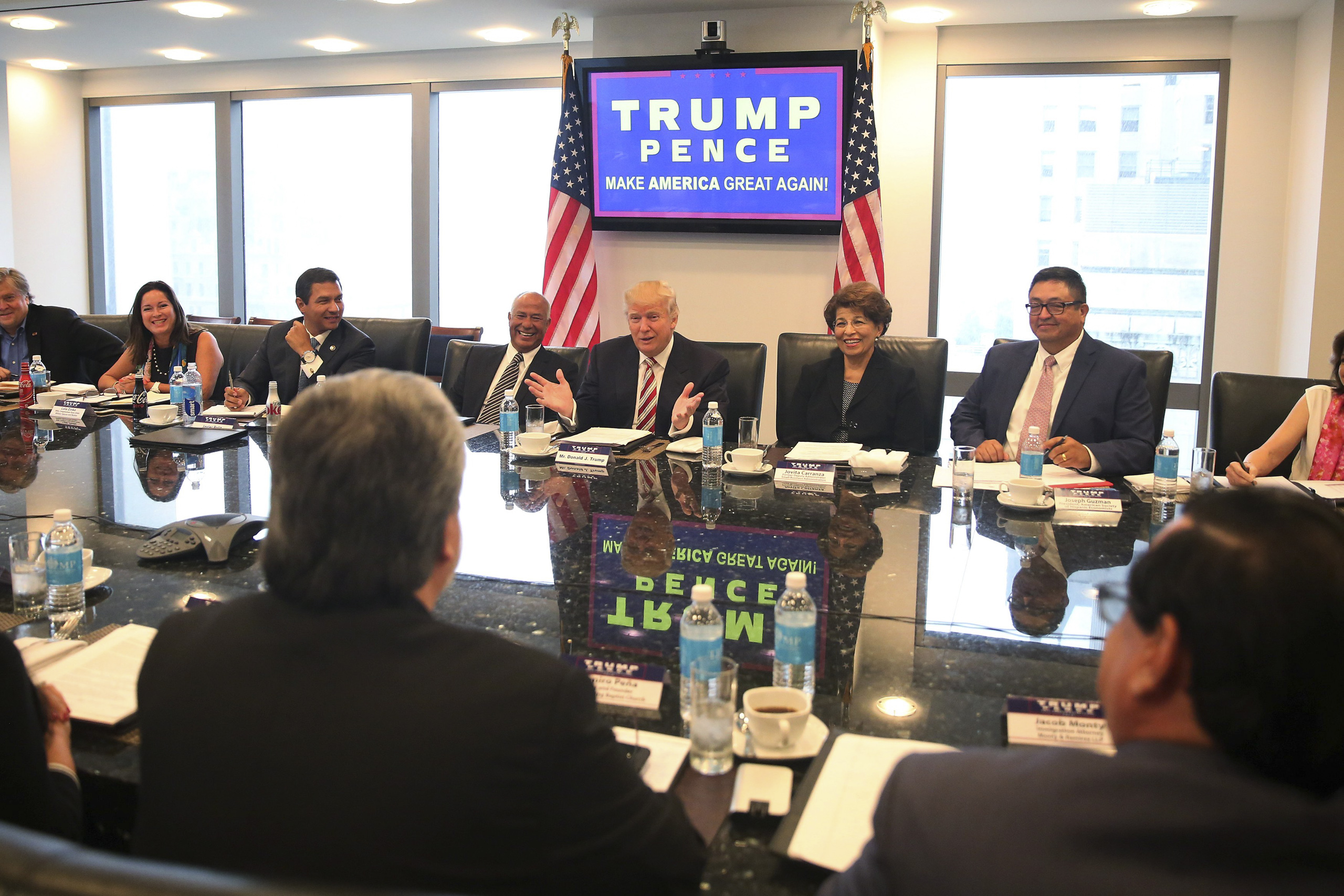 Republican presidential nominee Donald Trump speaks during a meeting with his Hispanic Advisory Council at Trump Tower in the Manhattan borough of New York City on Aug. 20, 2016.