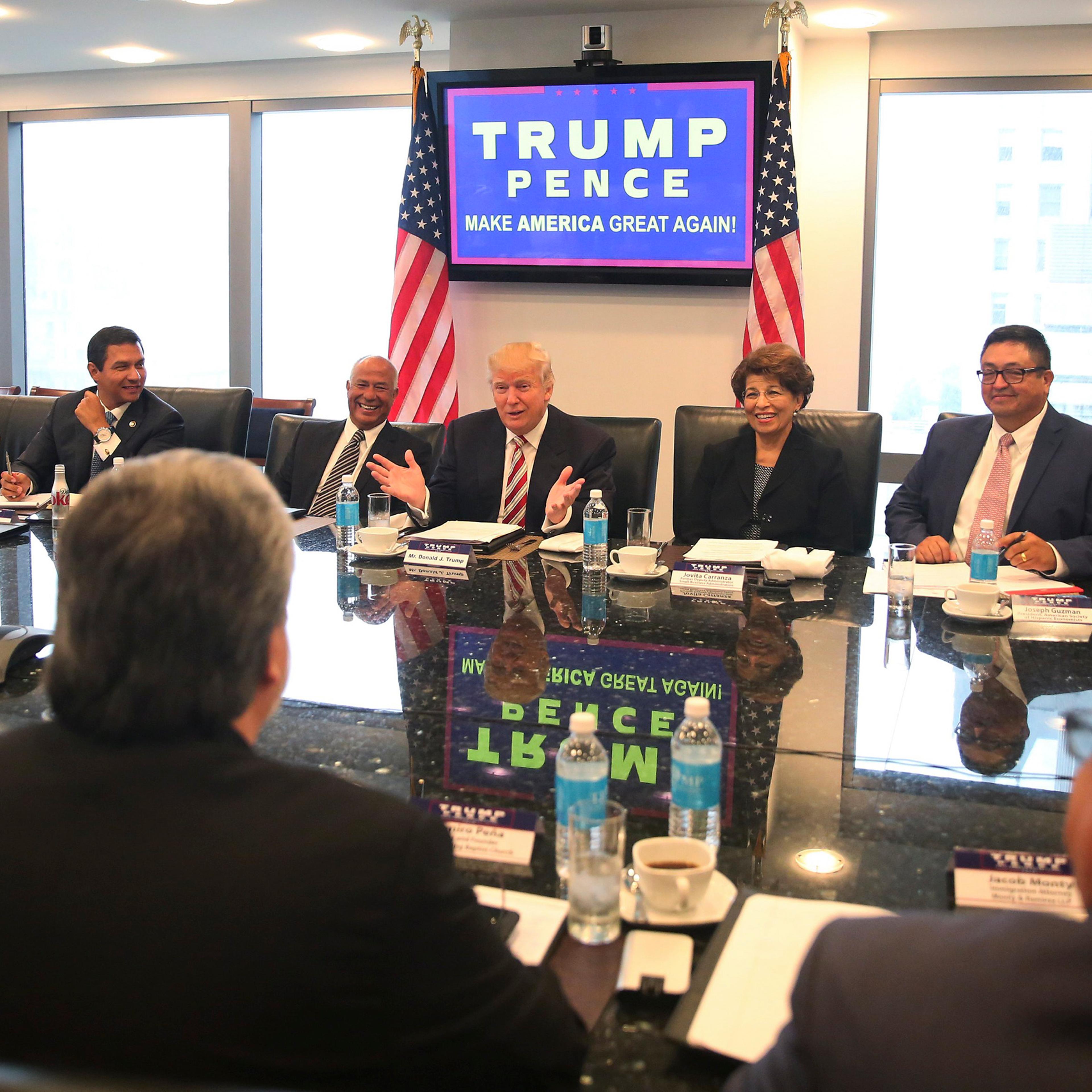 Republican presidential nominee Donald Trump speaks during a meeting with his Hispanic Advisory Council at Trump Tower in the Manhattan borough of New York City on Aug. 20, 2016.