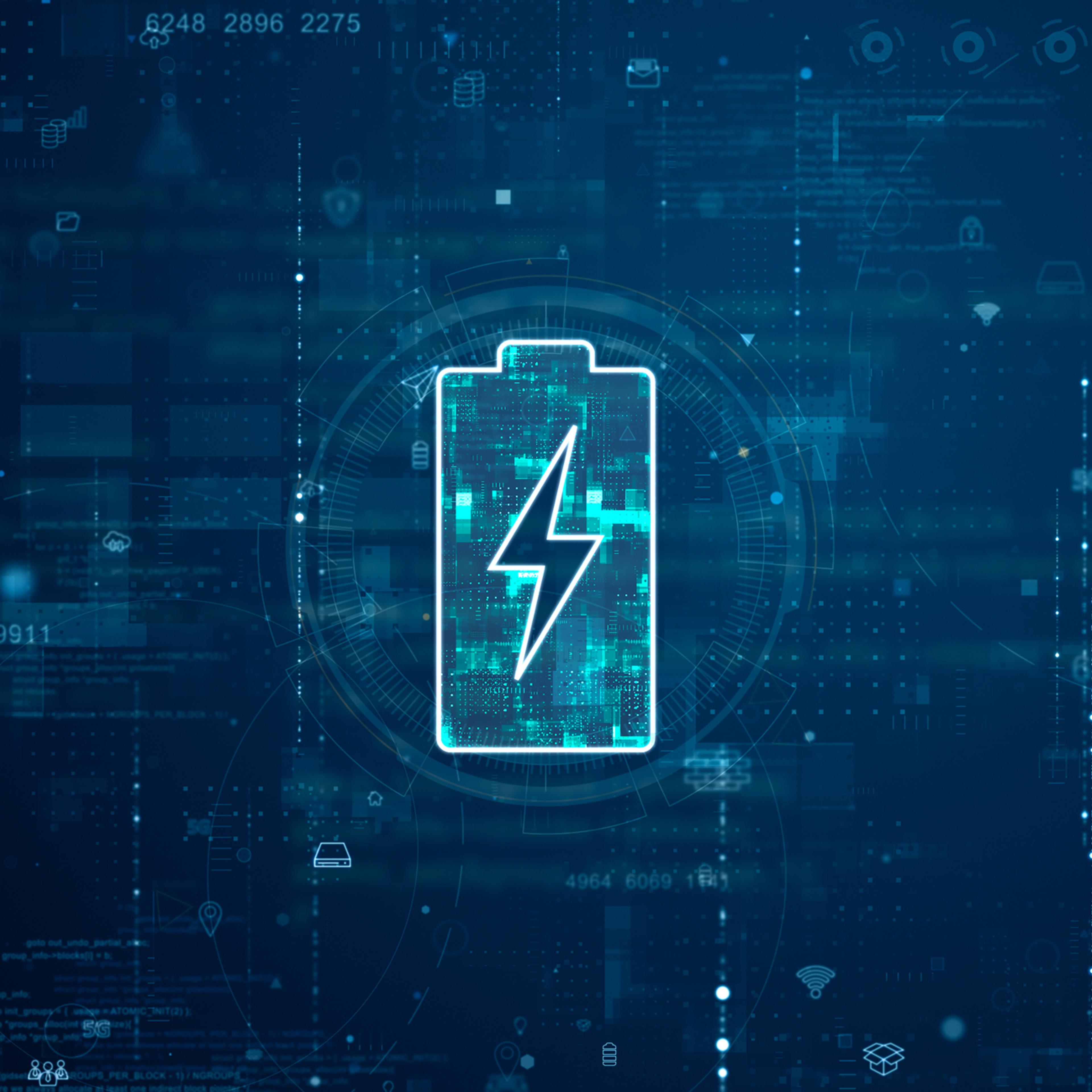 Blue digital battery logo AI