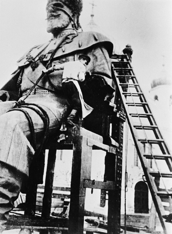 Russian Revolution. Monument od Tsar Alexander III being dismantled. October 1917.