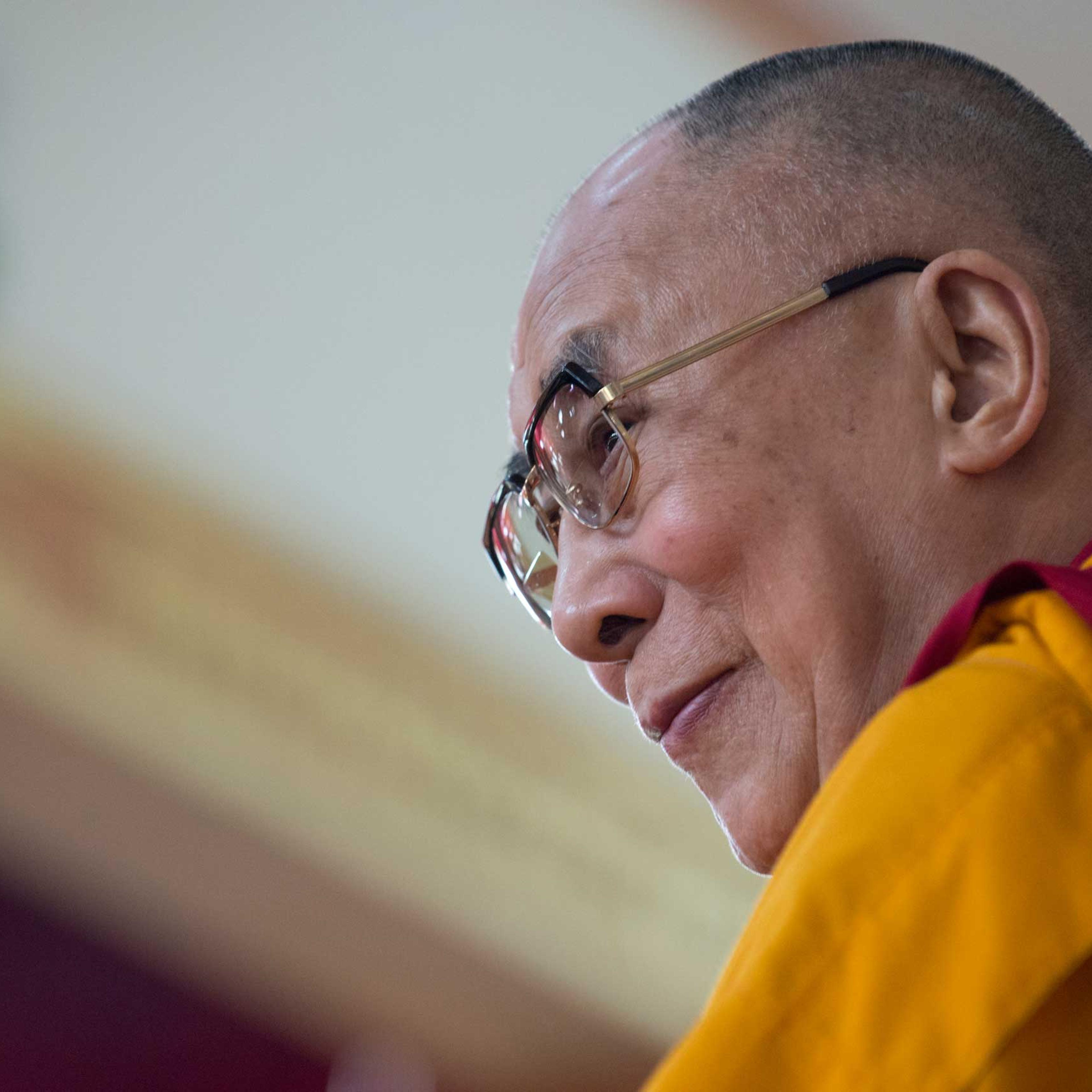 His Holiness the Dalai Lama on the teaching throne during the Jangchup Lamrim teachings in Mundgod in December 2014.
