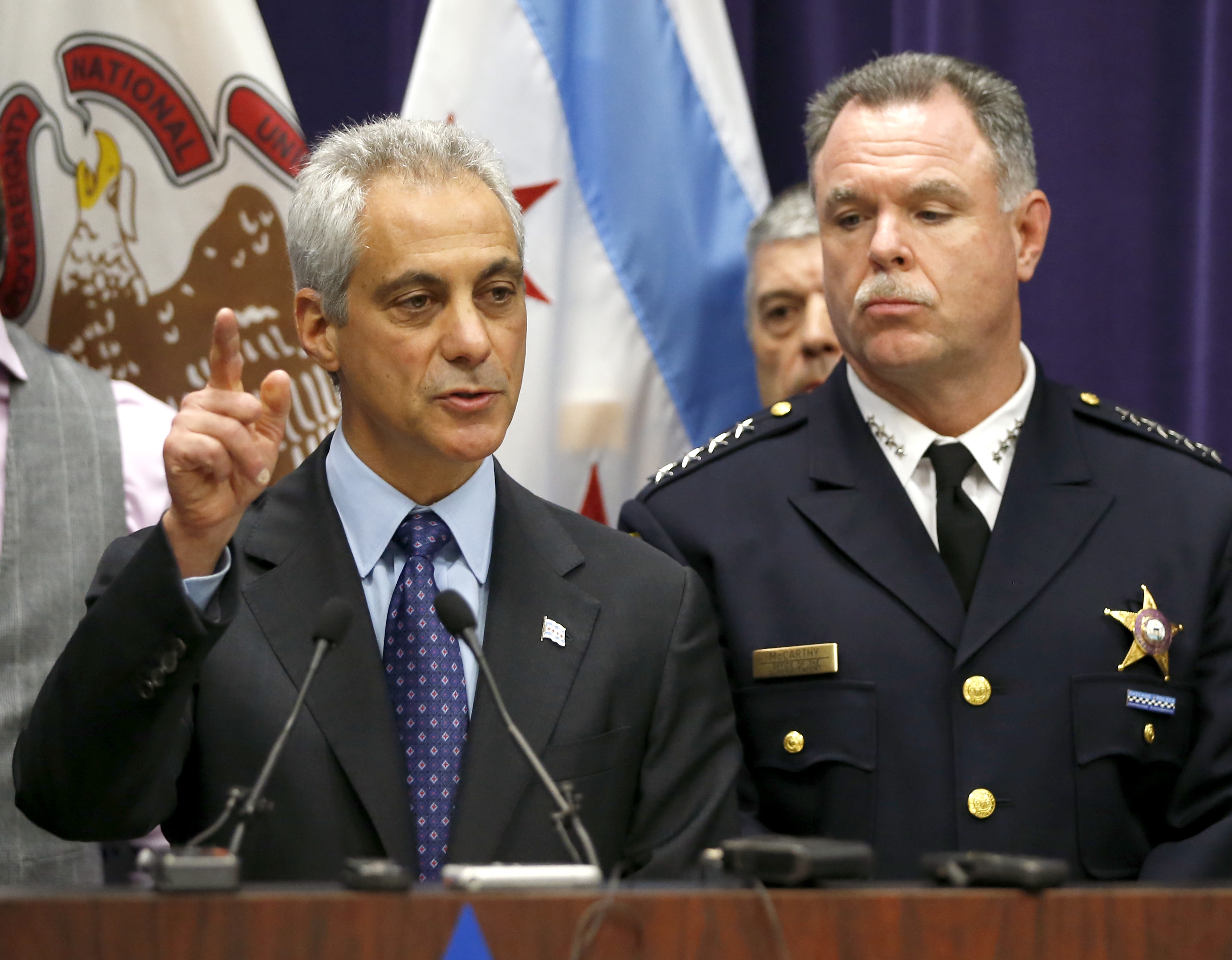Chicago Mayor Rahm Emanuel, left, and Police Superintendent Garry McCarthy, right, appear at a news conference on Nov. 24, 2015, in Chicago.