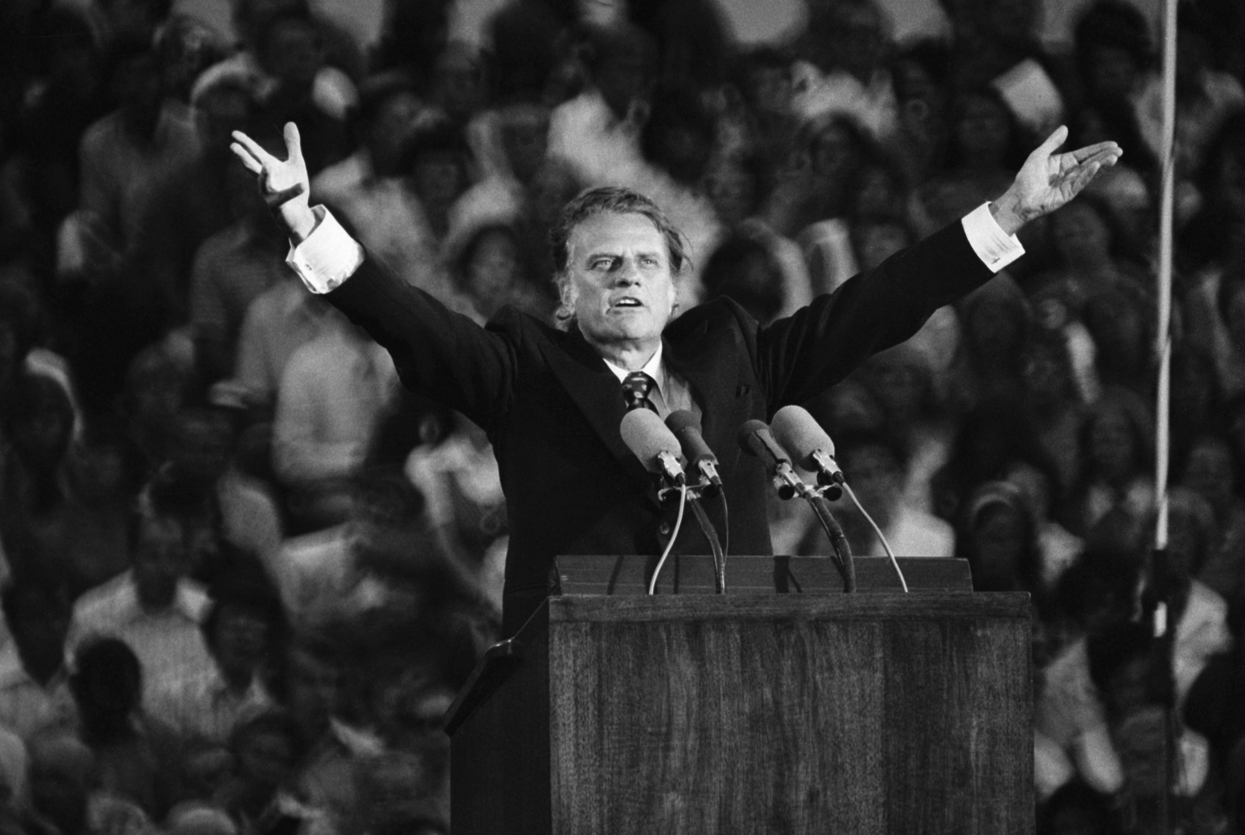 Evangelist Billy Graham preaching the gospel during the Upper Midwest Crusade in July 13,1973, St. Paul, MN.