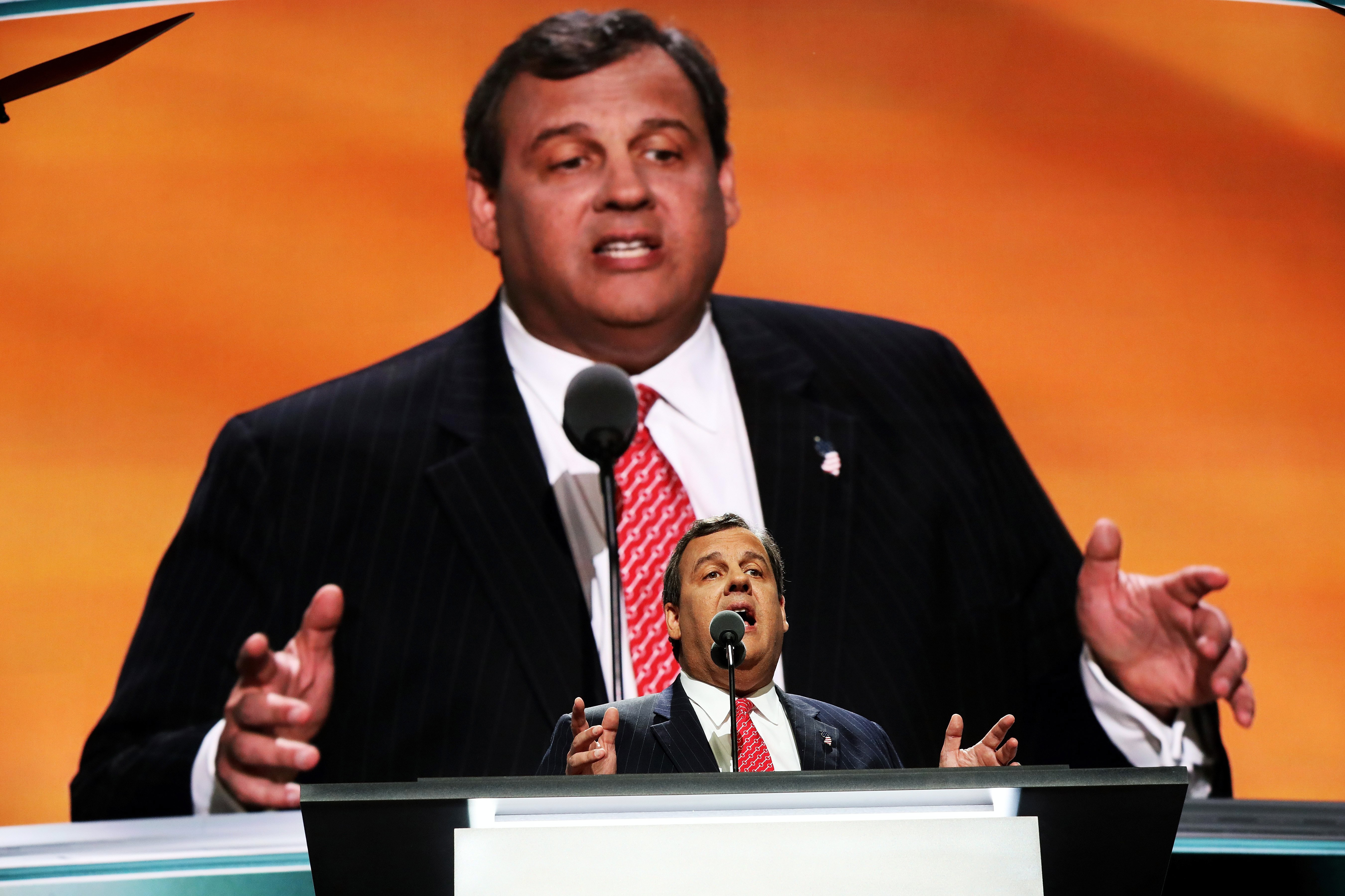 New Jersey Gov. Chris Christie delivers a speech on the second day of the Republican National Convention on July 19, 2016 at the Quicken Loans Arena in Cleveland.