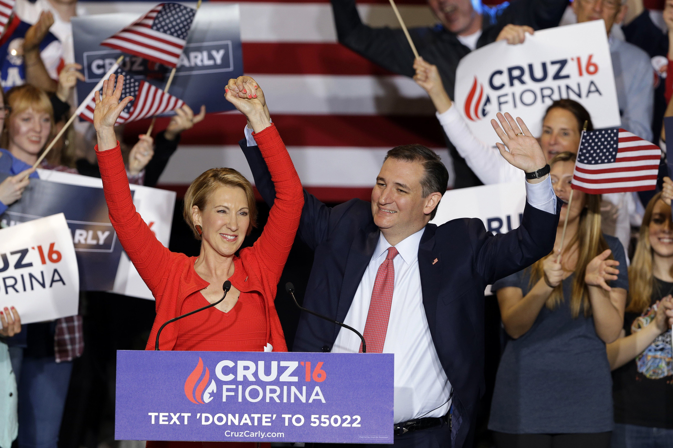 Ted Cruz announced he has chosen Fiorina to serve as his running mate during a rally in Indianapolis, April 27, 2016.