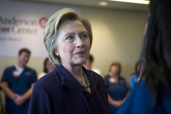Hillary Clinton meets with hospital workers at Cooper University Hospital's Anderson Cancer Center on May 11, 2016 in Camden, New Jersey.