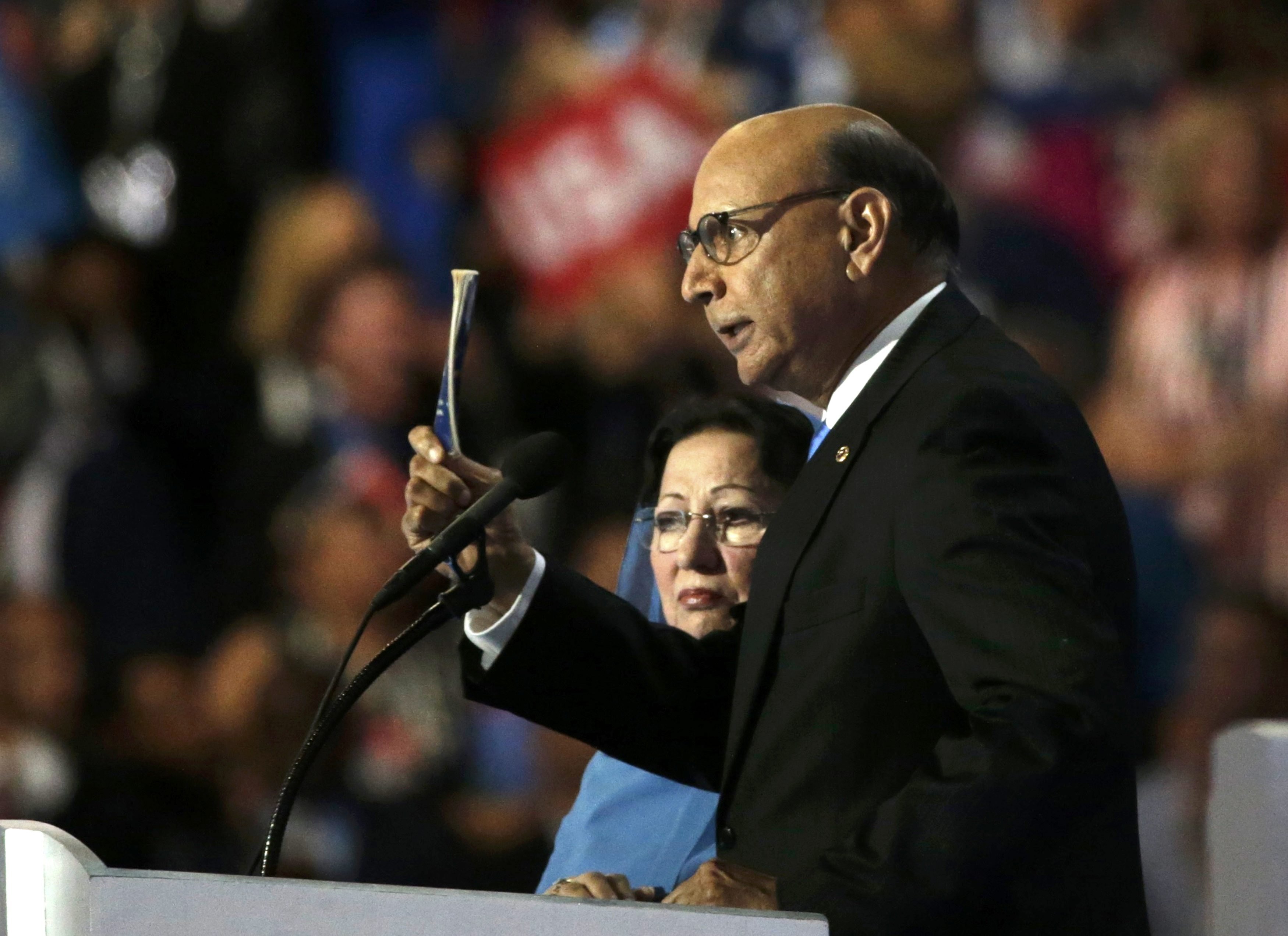 Khan, who's son Humayun was killed serving in the U.S. Army ten years after September 11, 2001, speaks at the Democratic National Convention in Philadelphia