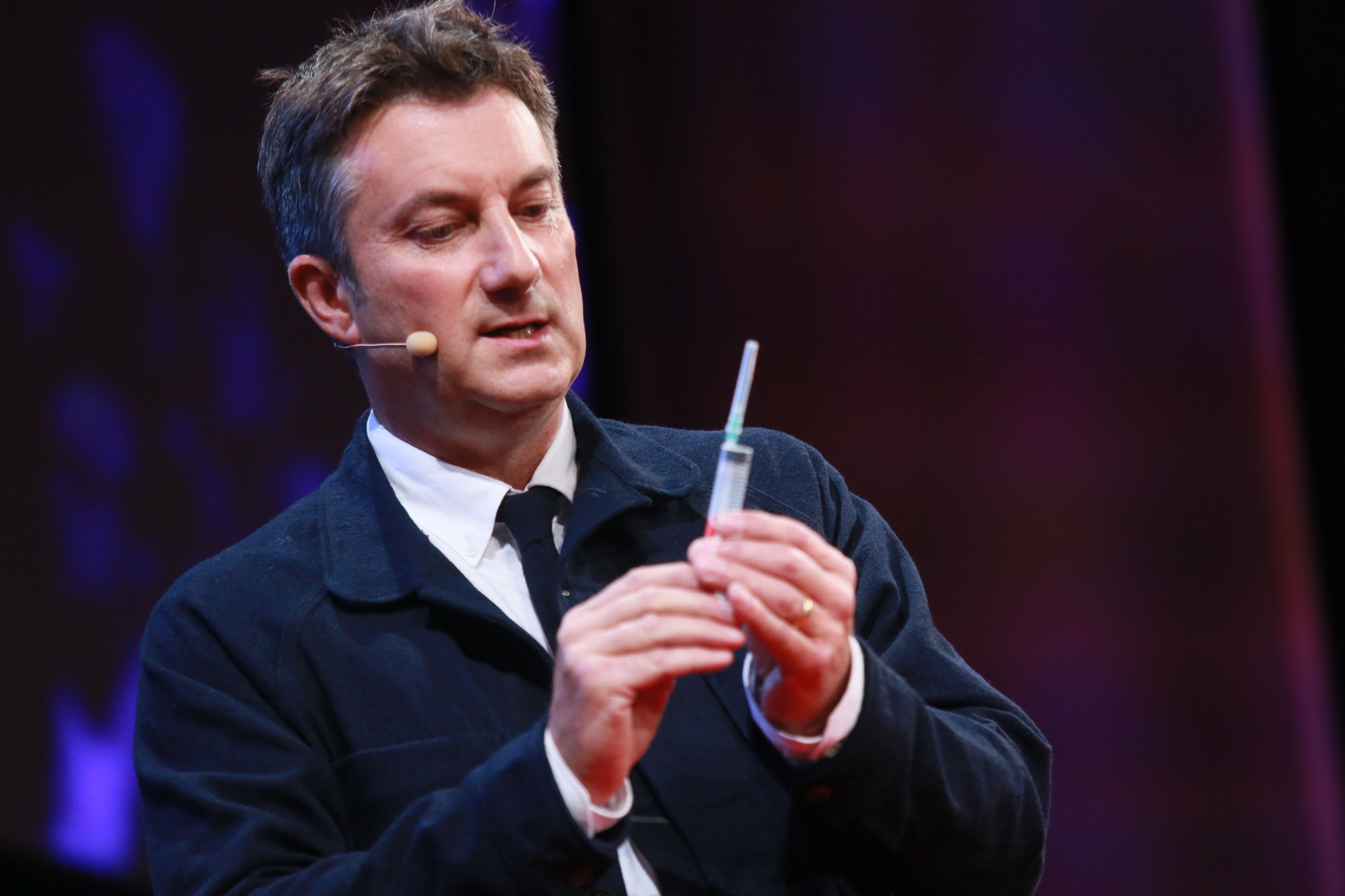 Inventor Marc Koska demonstrates his K-1 syringe--an injection that is impossible to reuse.