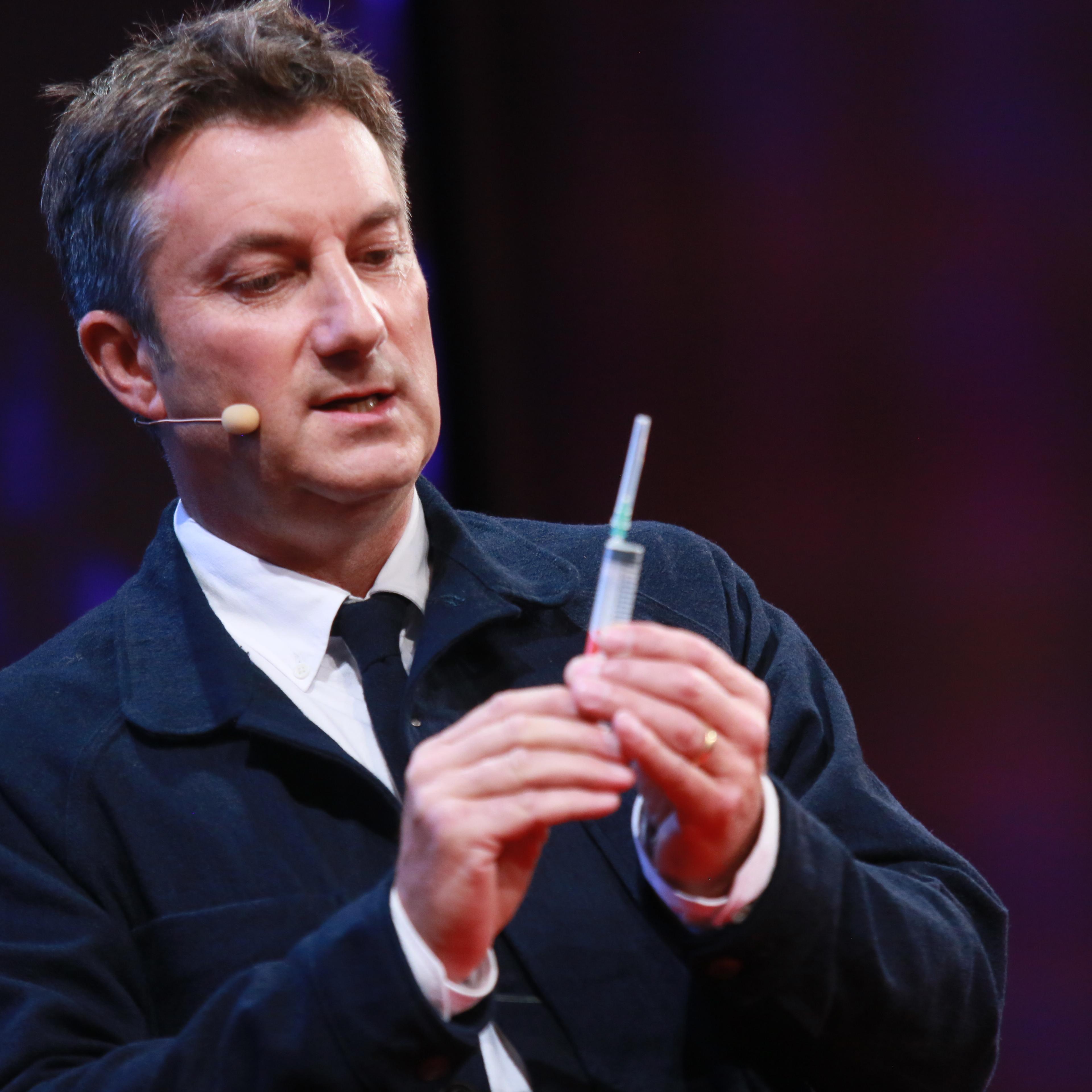 Inventor Marc Koska demonstrates his K-1 syringe--an injection that is impossible to reuse.